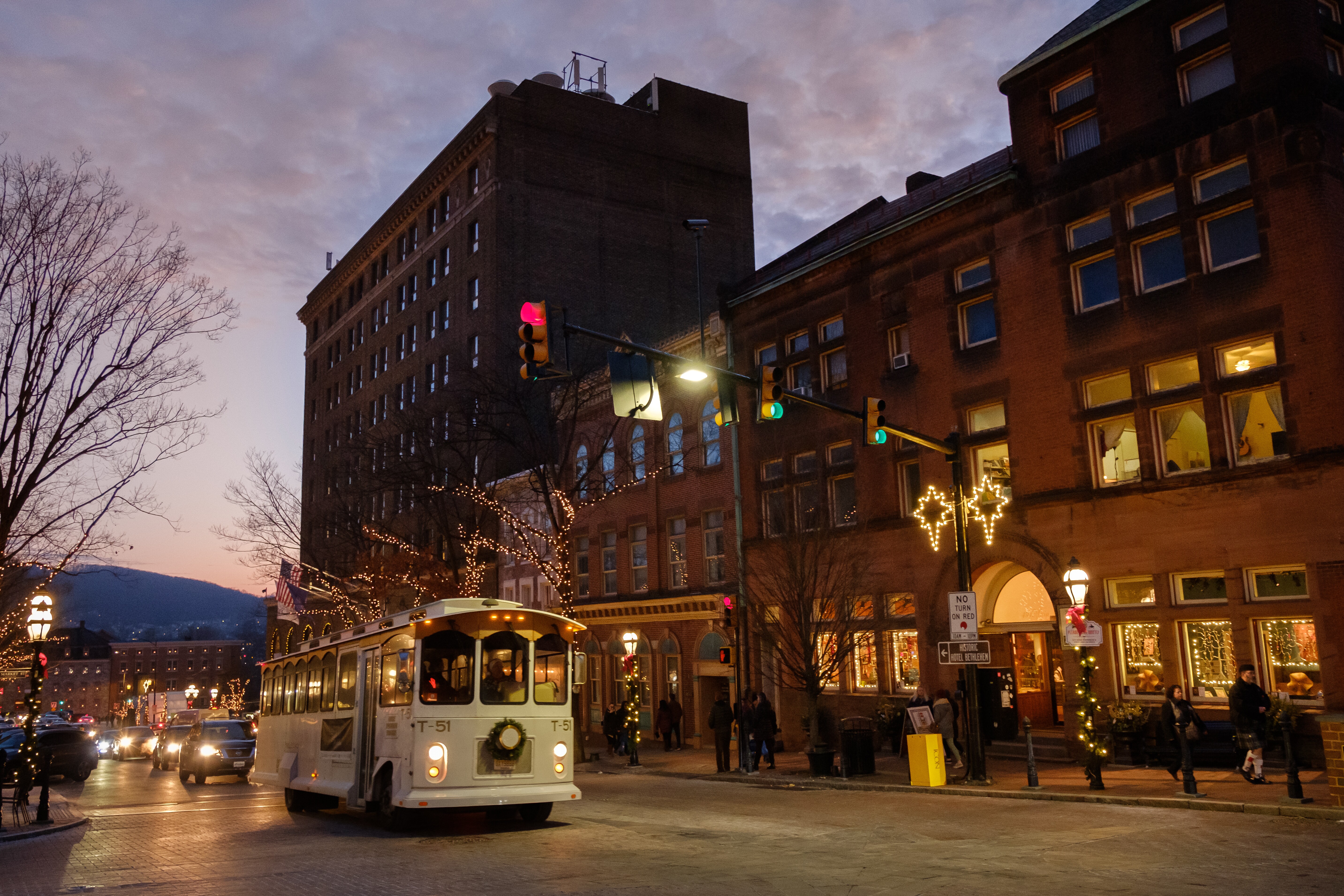 Trolley drives down street adorned with Christmas decorations in Bethlehem, Pennsylvania
