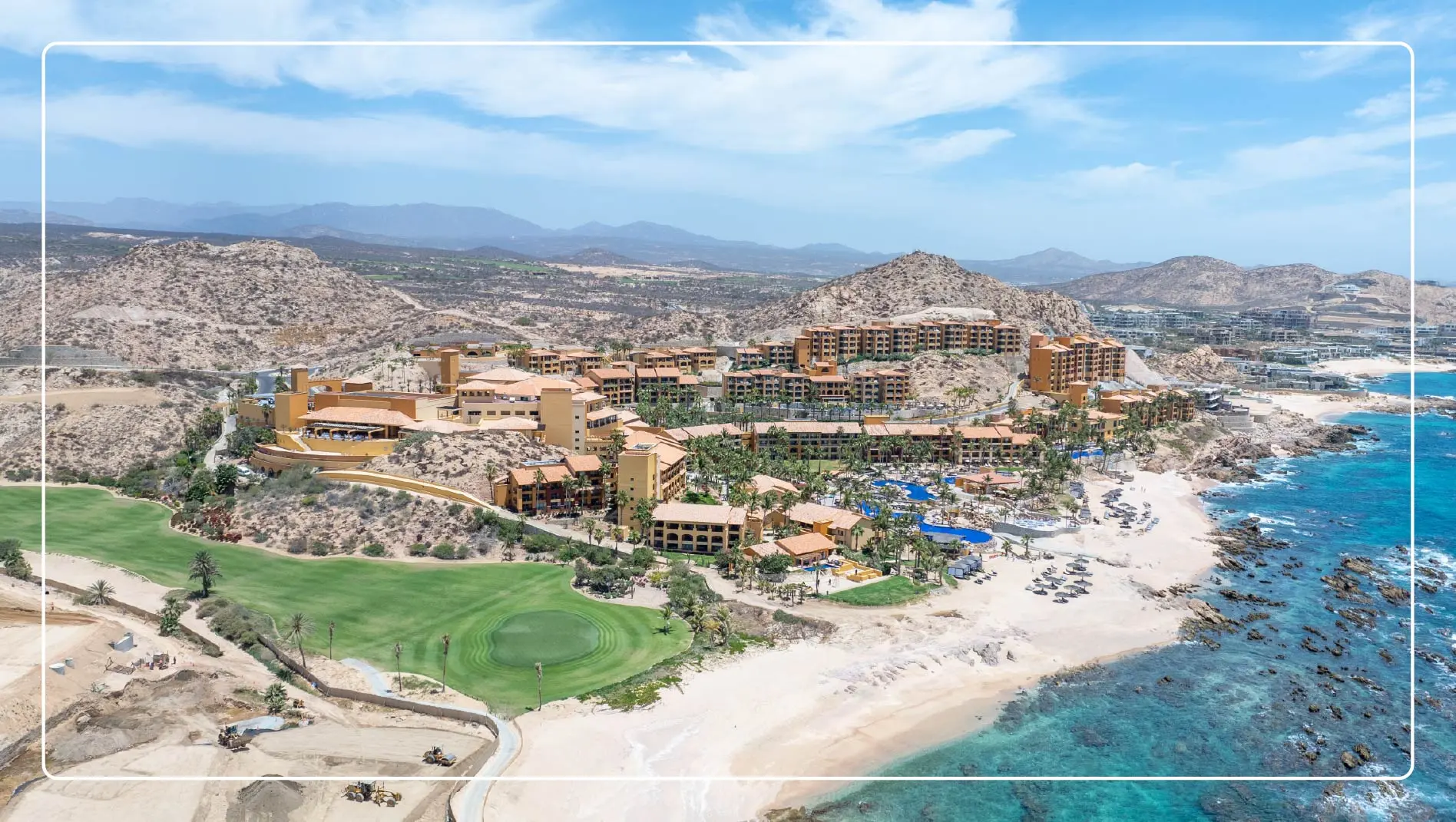 An aerial view of resorts and the beach in Los Cabos, Mexico.