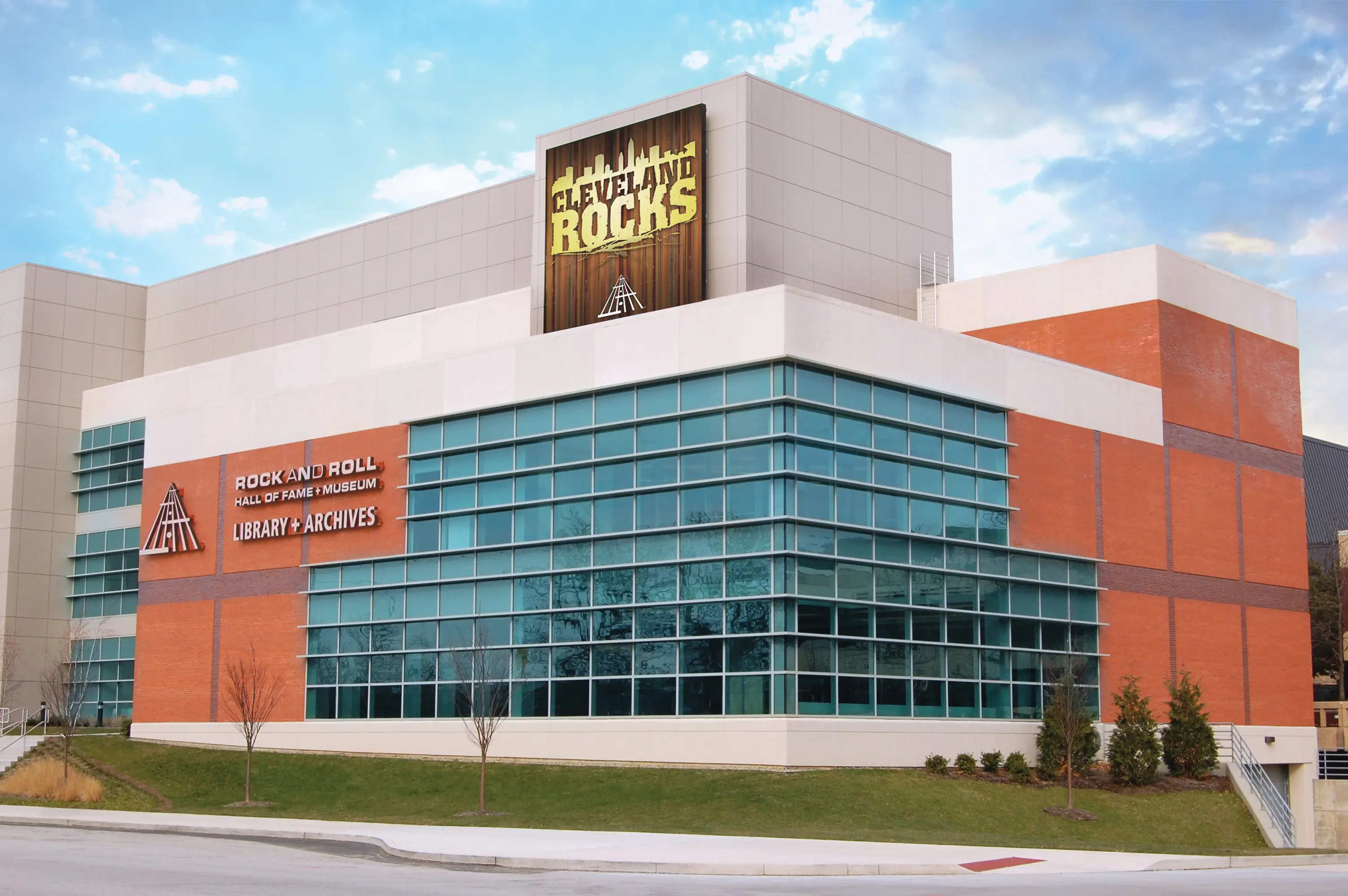 Exterior photo of Rock and Roll Hall of Fame and Museum in Cleveland Ohio
