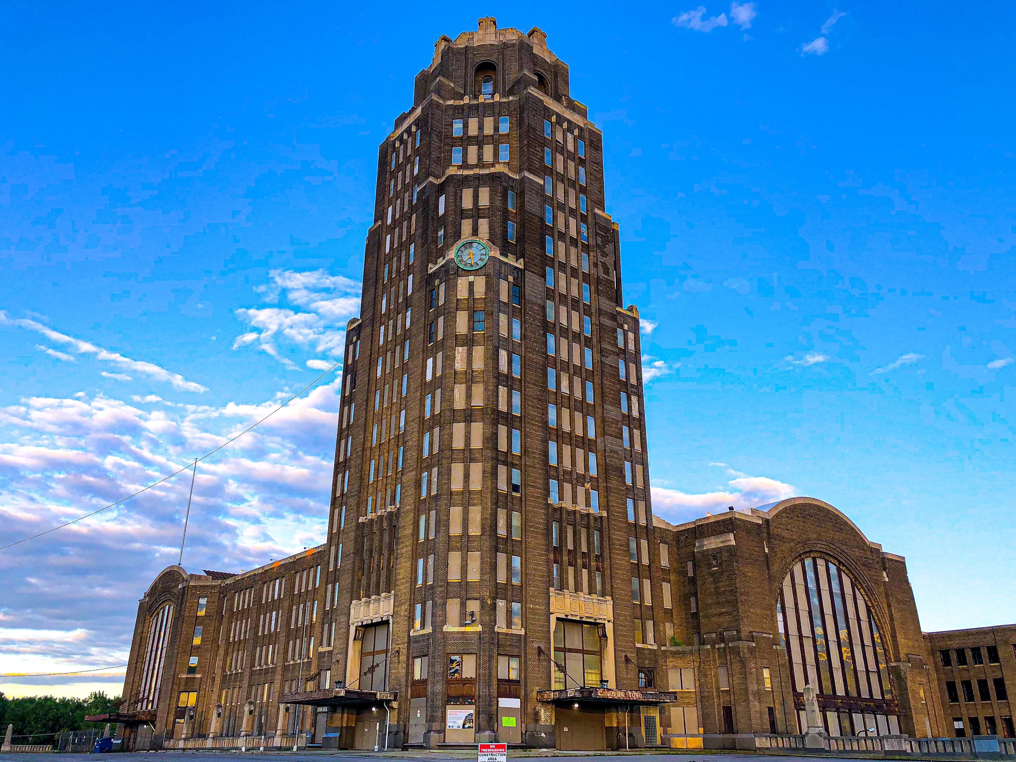 View of Buffalo New York’s abandoned Central Terminal building with blue sky