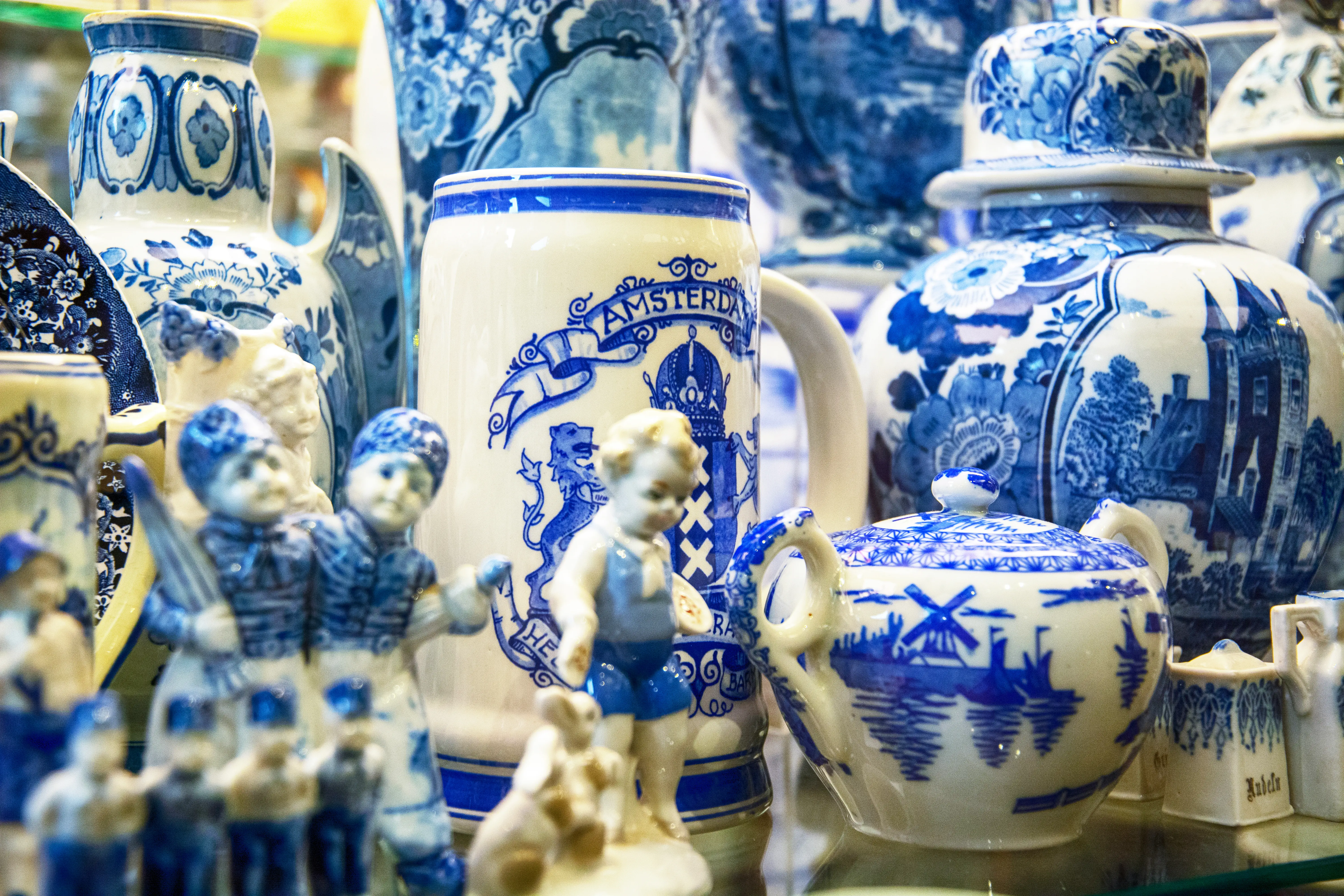 Delftware or Delft Blue, Dutch tin-glazed pottery that is mostly blue and white