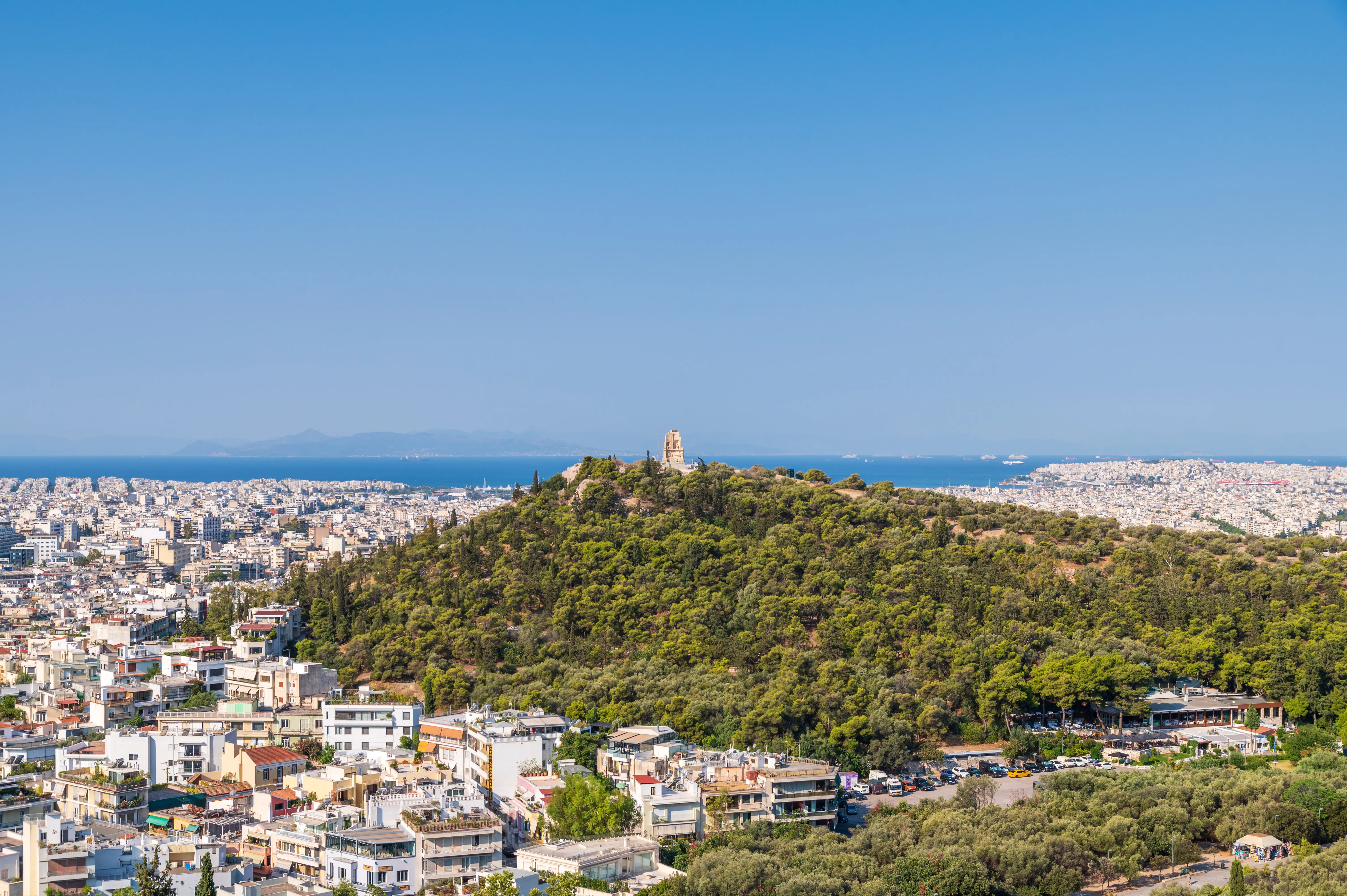 Outdoor image of Philopappos Hill in Athens, taken from a distance.