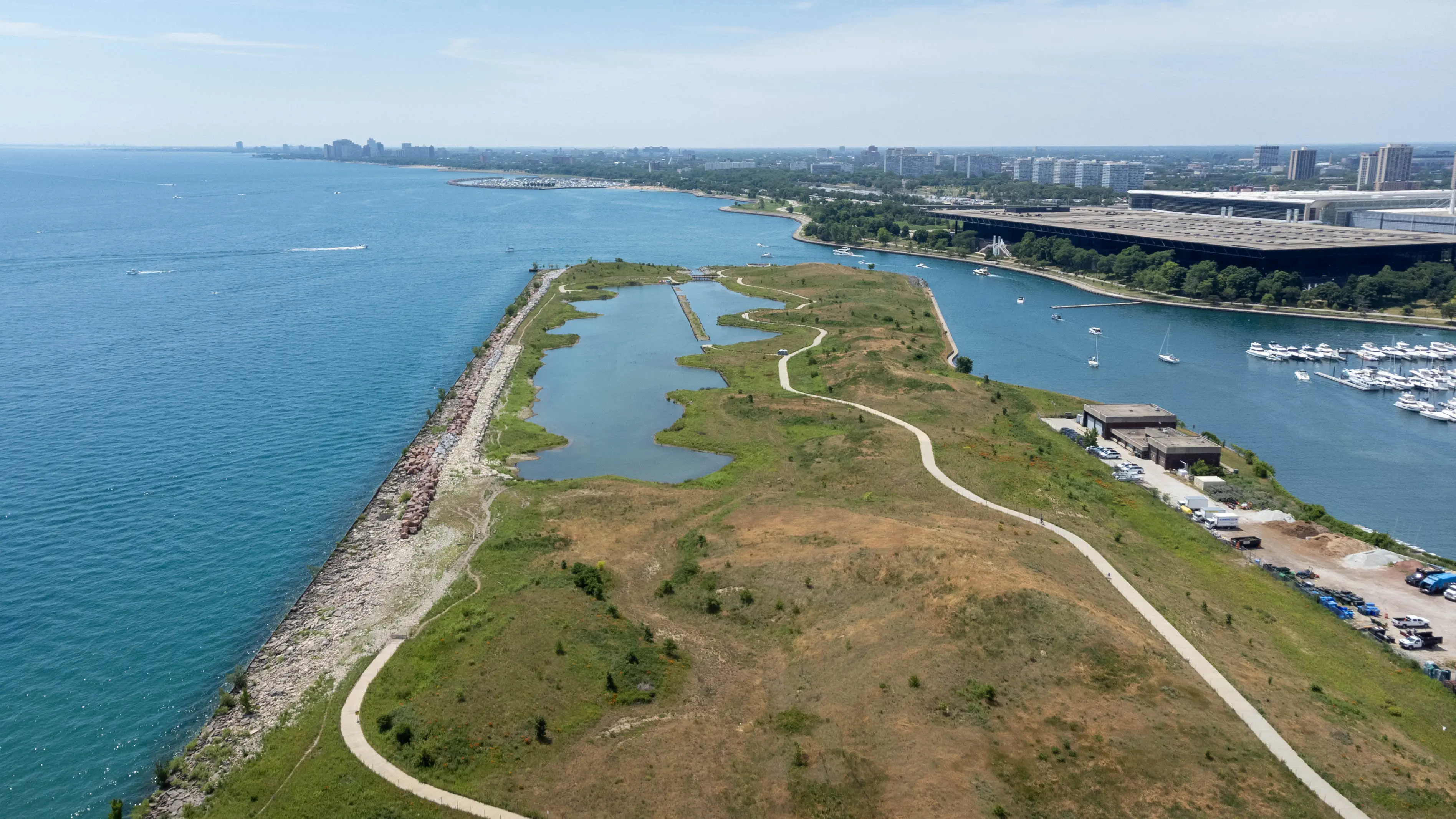 Aerial image of Northerly Island Park in Chicago, Illinois.