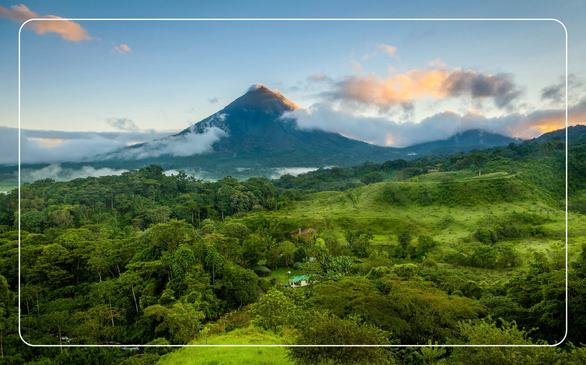 An aerial view of the green landscape and mountain in Costa Rica.