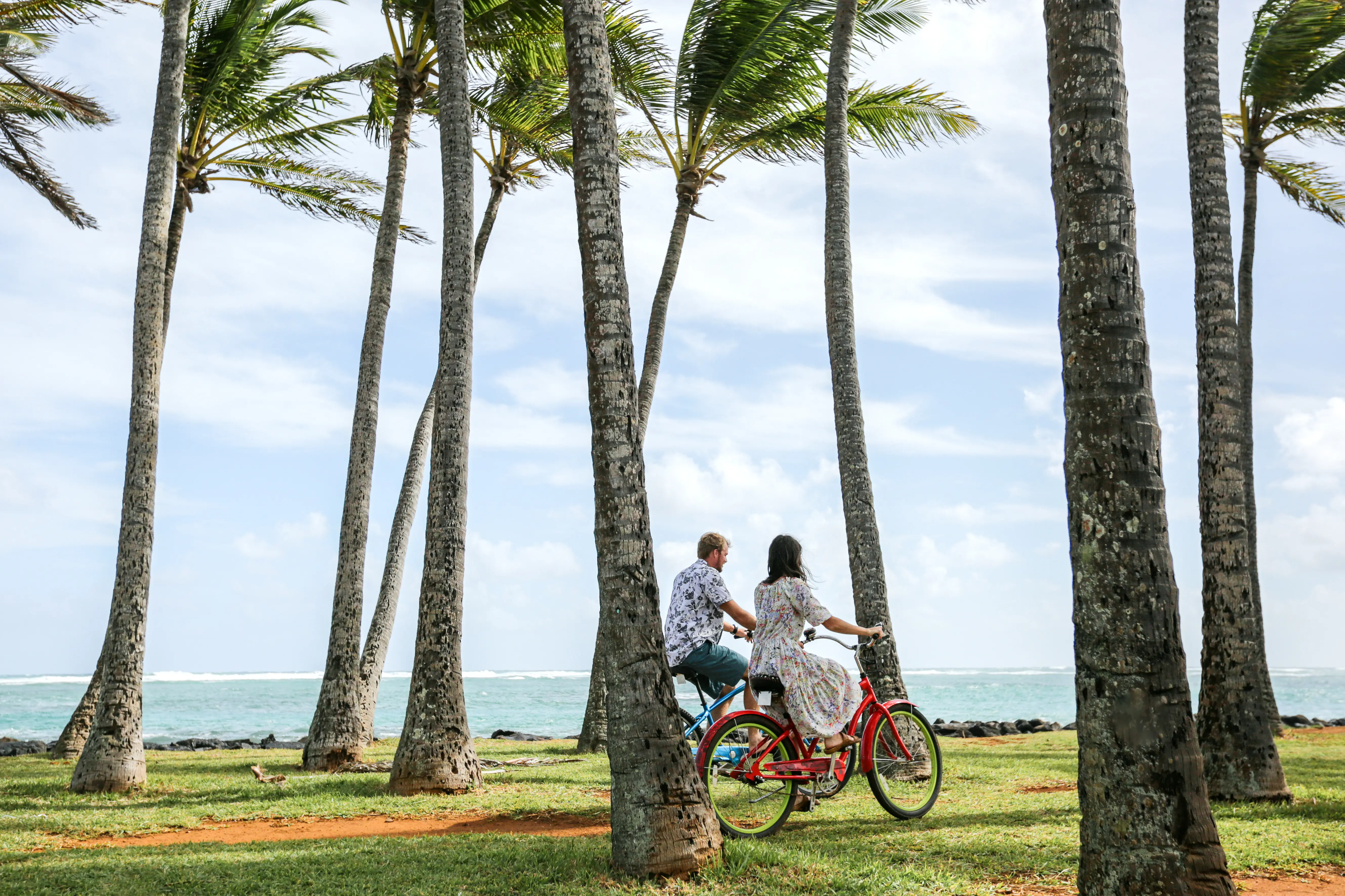 Image of a couple on bikes, riding past palm trees.