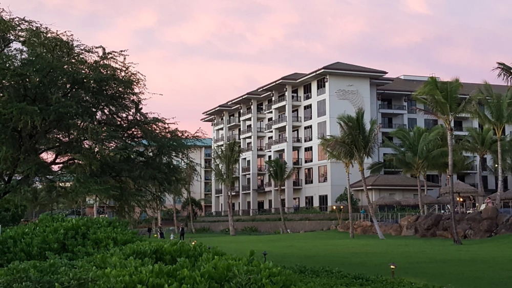 The exterior of the Westin Nanea Ocean Villas in Kaanapali Hawaii at dusk.