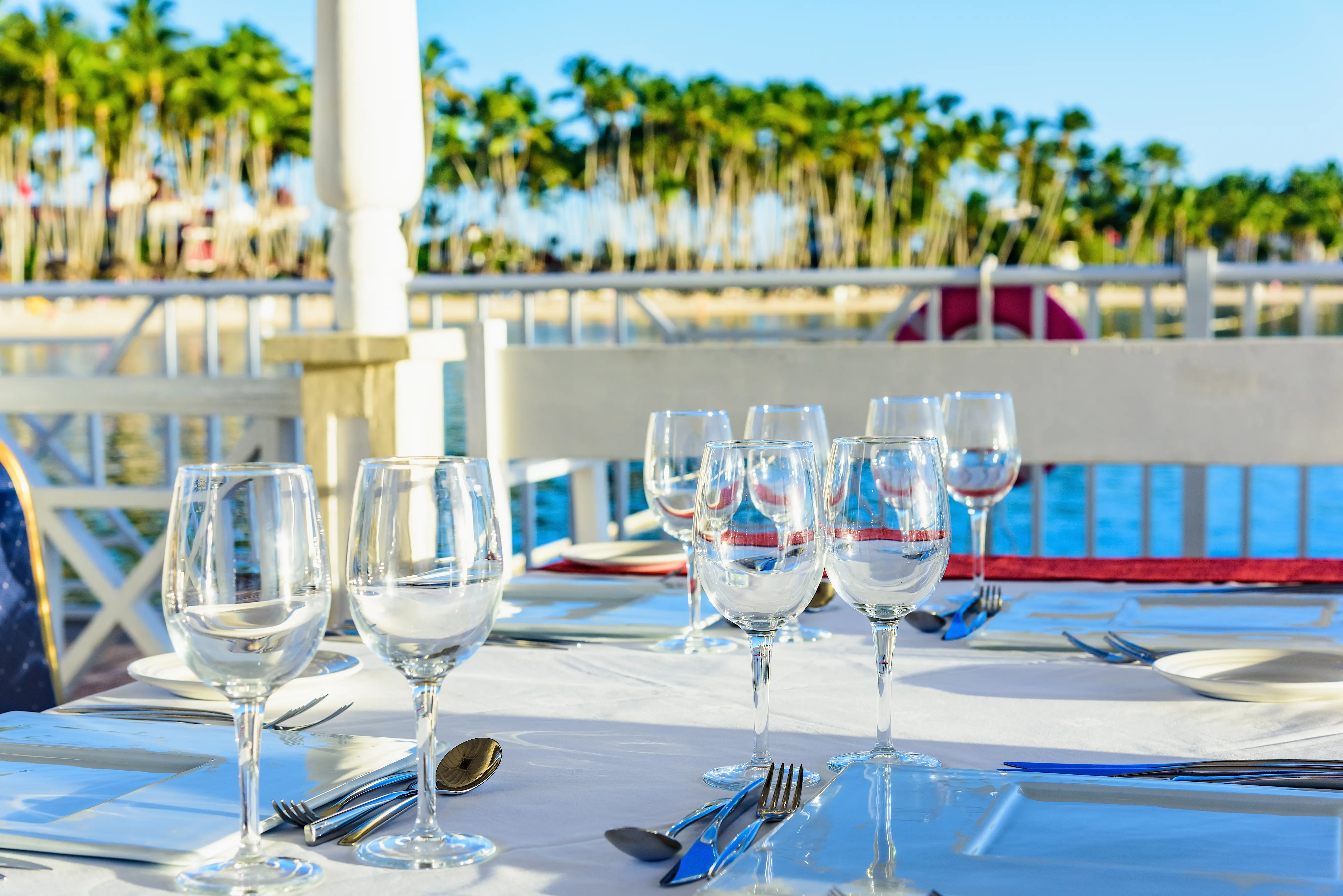 Seaside restaurant table and glassware with palm tree coastline in the distance