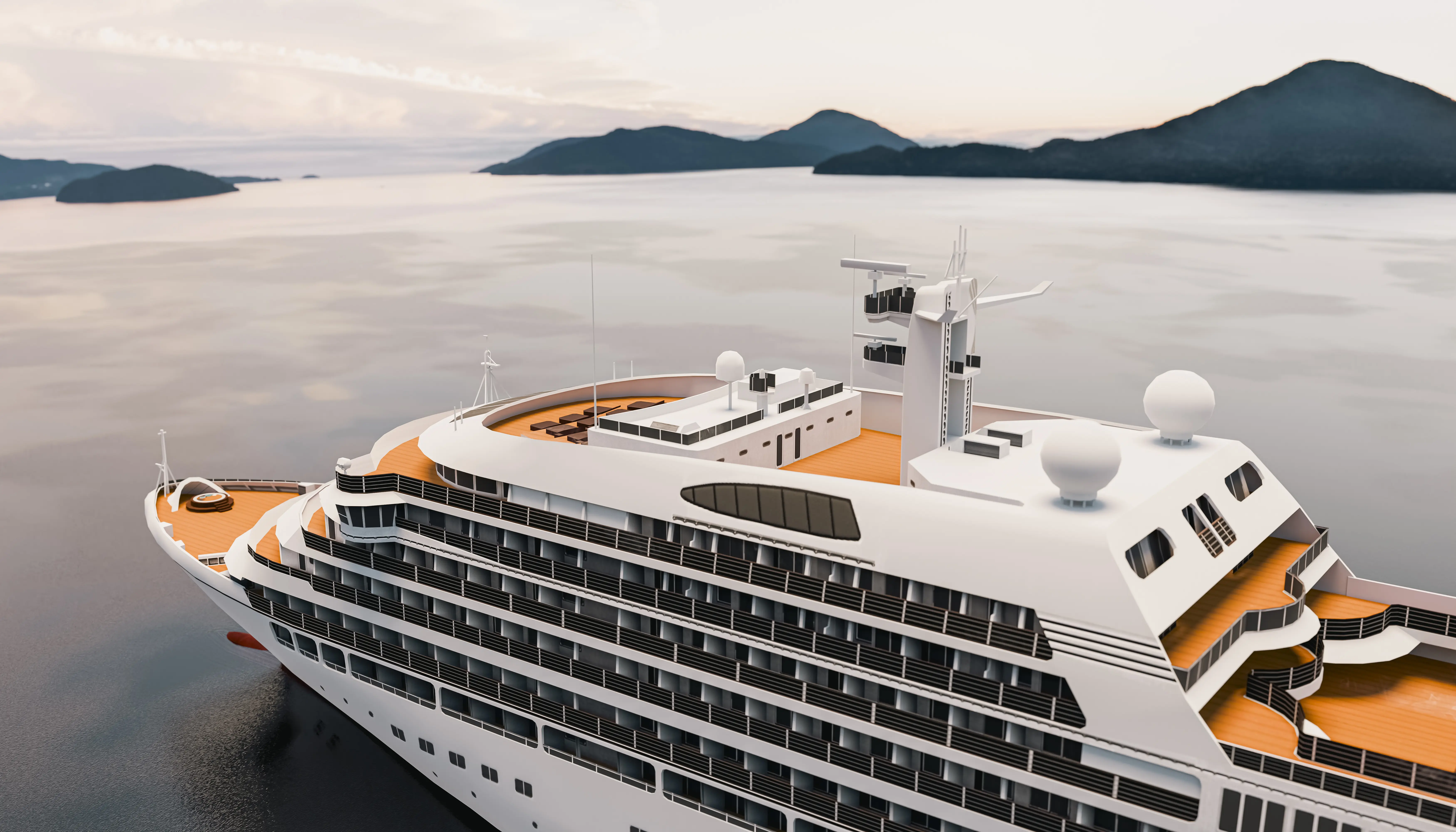 Image of a luxury cruise ship sailing on open water.
