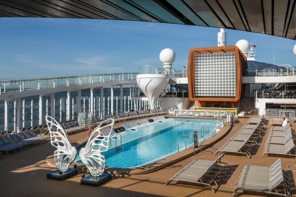 Celebrity Edge cruise, pool area on a sunny day.