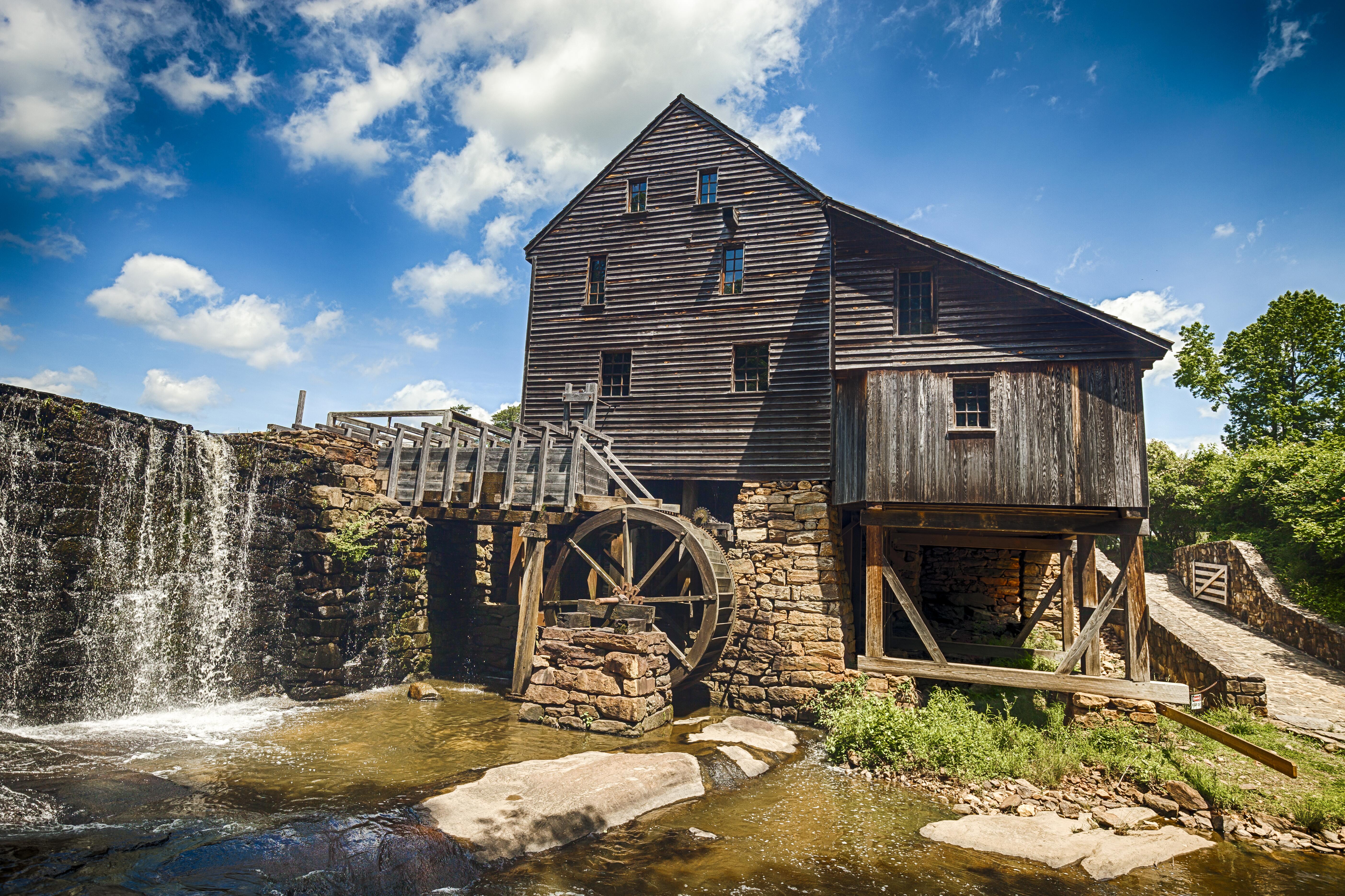 The Yates Mill dates back to 1756. It is the main attraction of the Yates Mill County Park, a public park in Raleigh, NC.