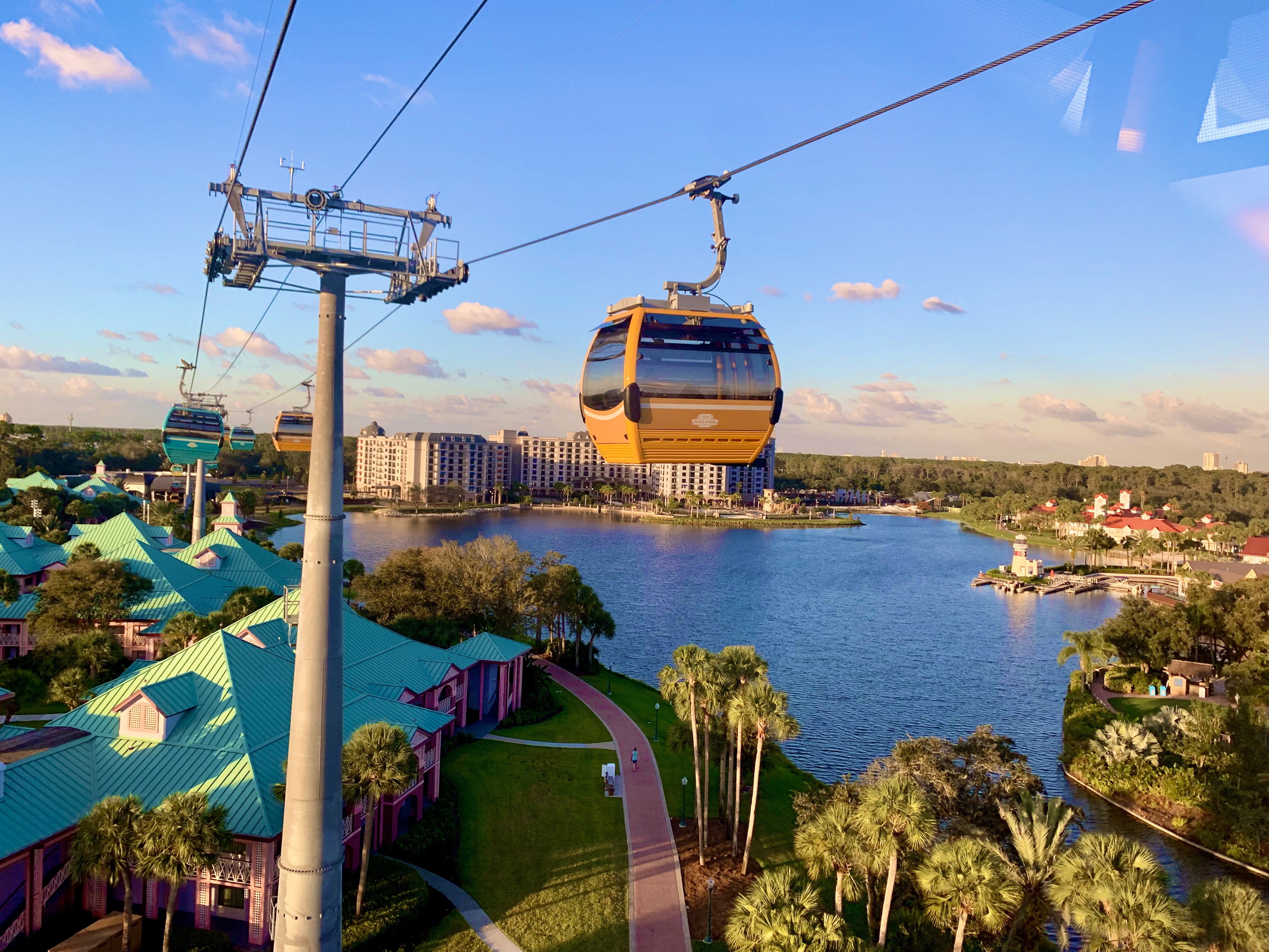 Image of the Skyliner at Walt Disneyworld, traveling over the Caribbean Beach Resort.