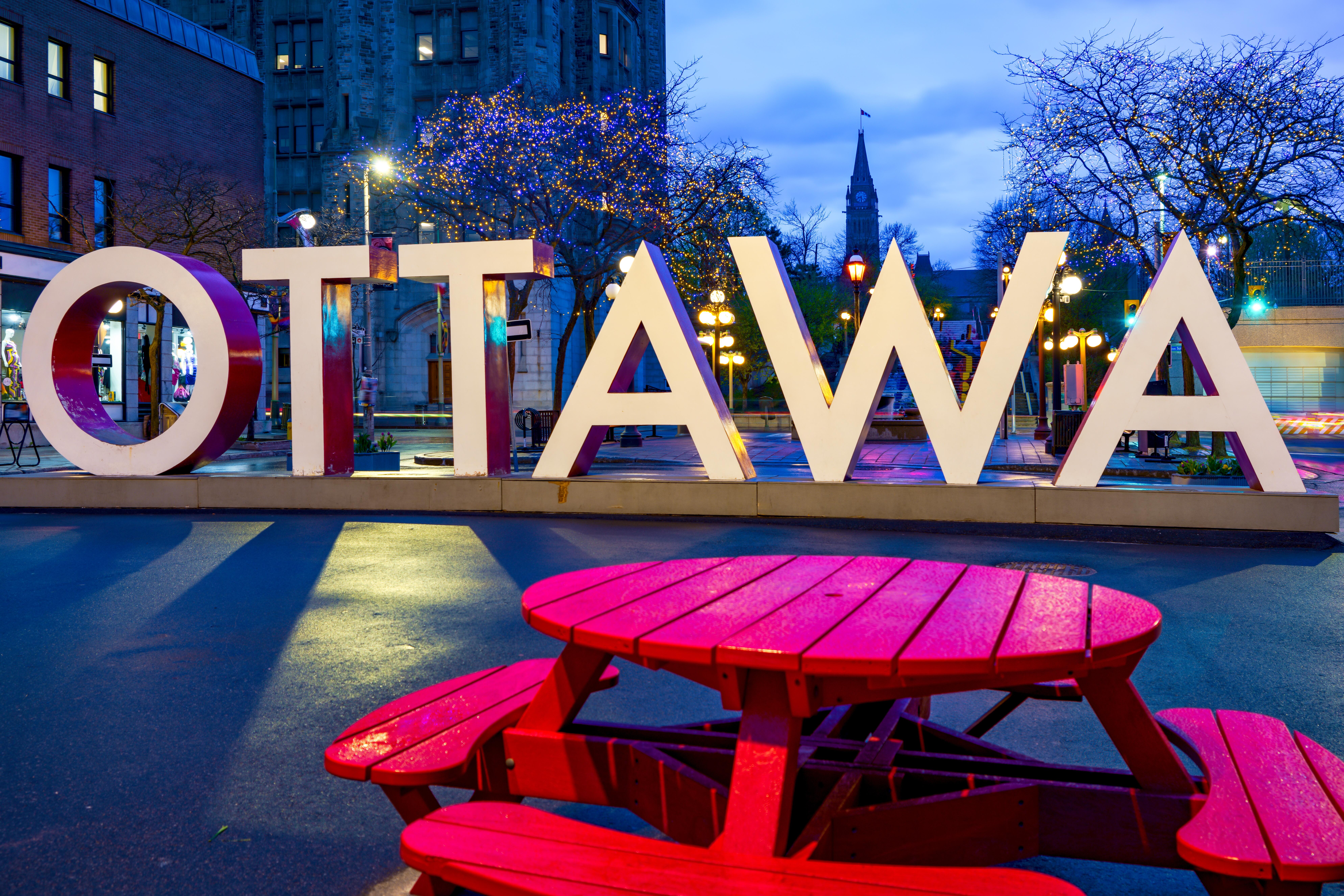 Night view lighted "Ottawa" letter sign in the York City Plaza located within the ByWard Market area Ottawa, Canada