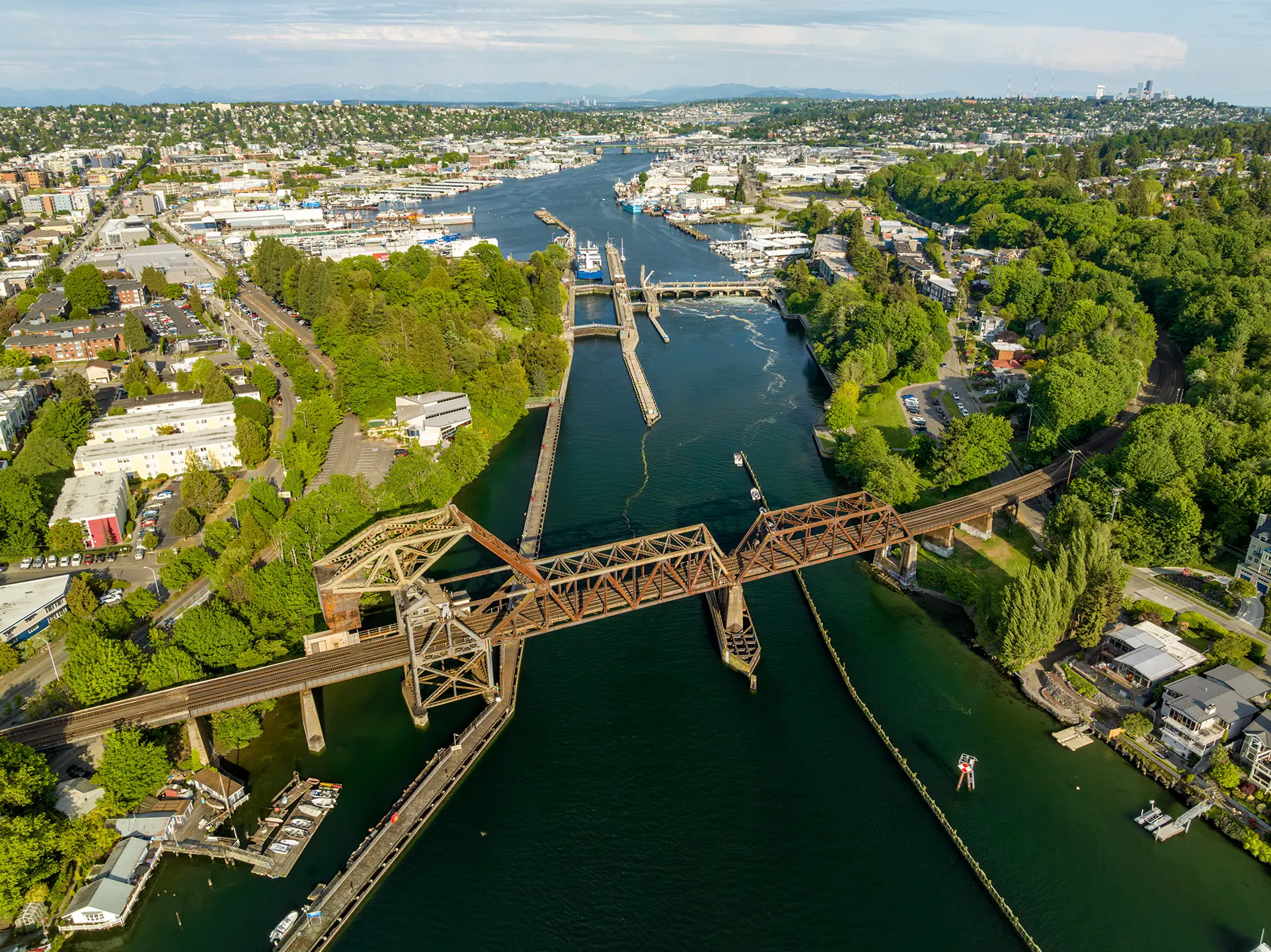 Aerial image of the Hiram M. Chittenden Locks, also known as the Ballard Locks, in Seattle.