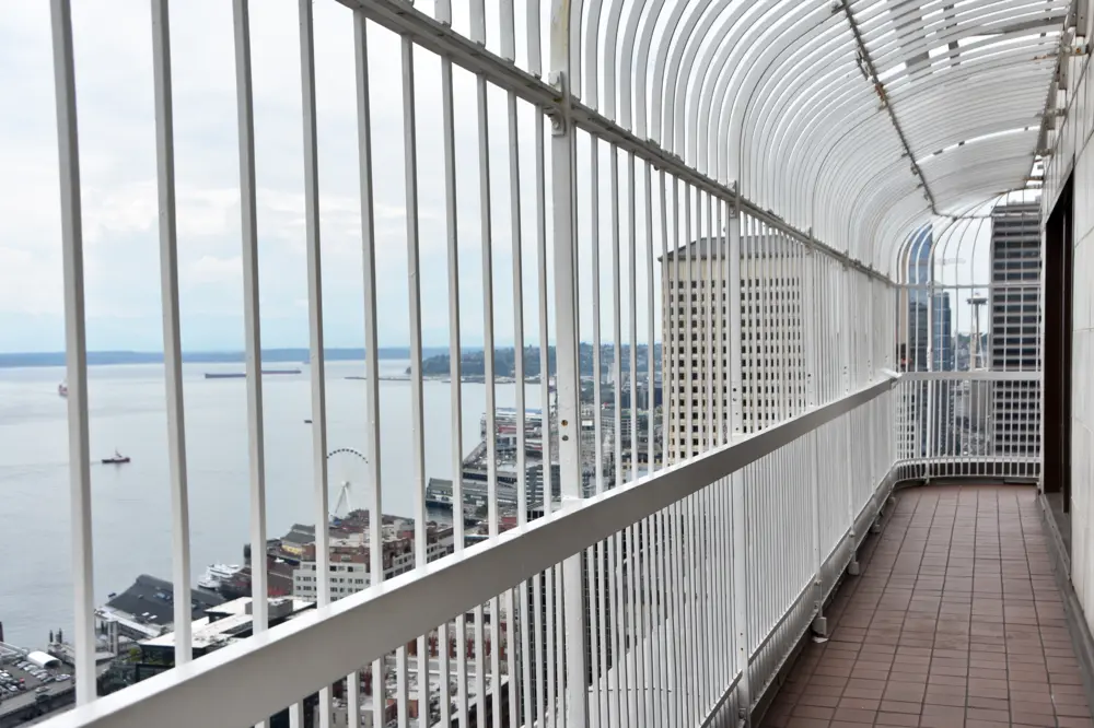 The open-air observatory level at the Smith Tower in downtown Seattle, Washington.