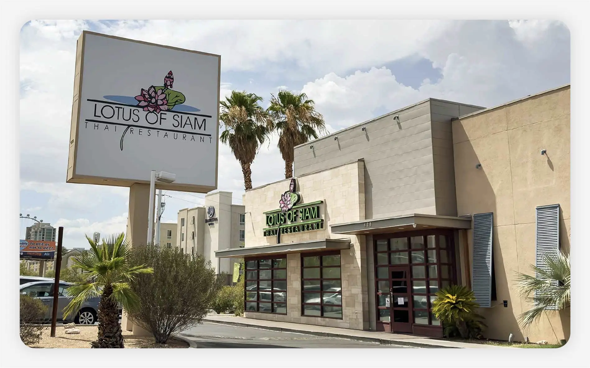 The exterior of the Lotus of Siam Thai restaurant
