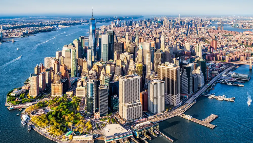 Aerial view of Manhatten's skyline, a popular day trip from Boston.