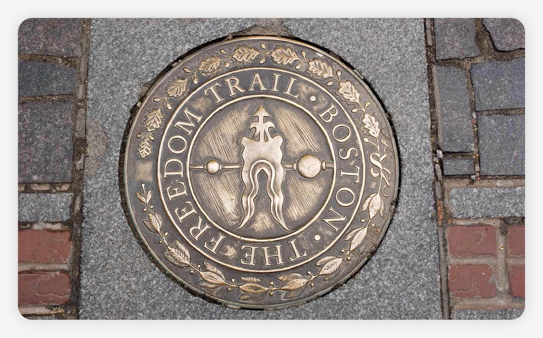 A ground marker of the Freedom Trail in Boston, Massachusetts.