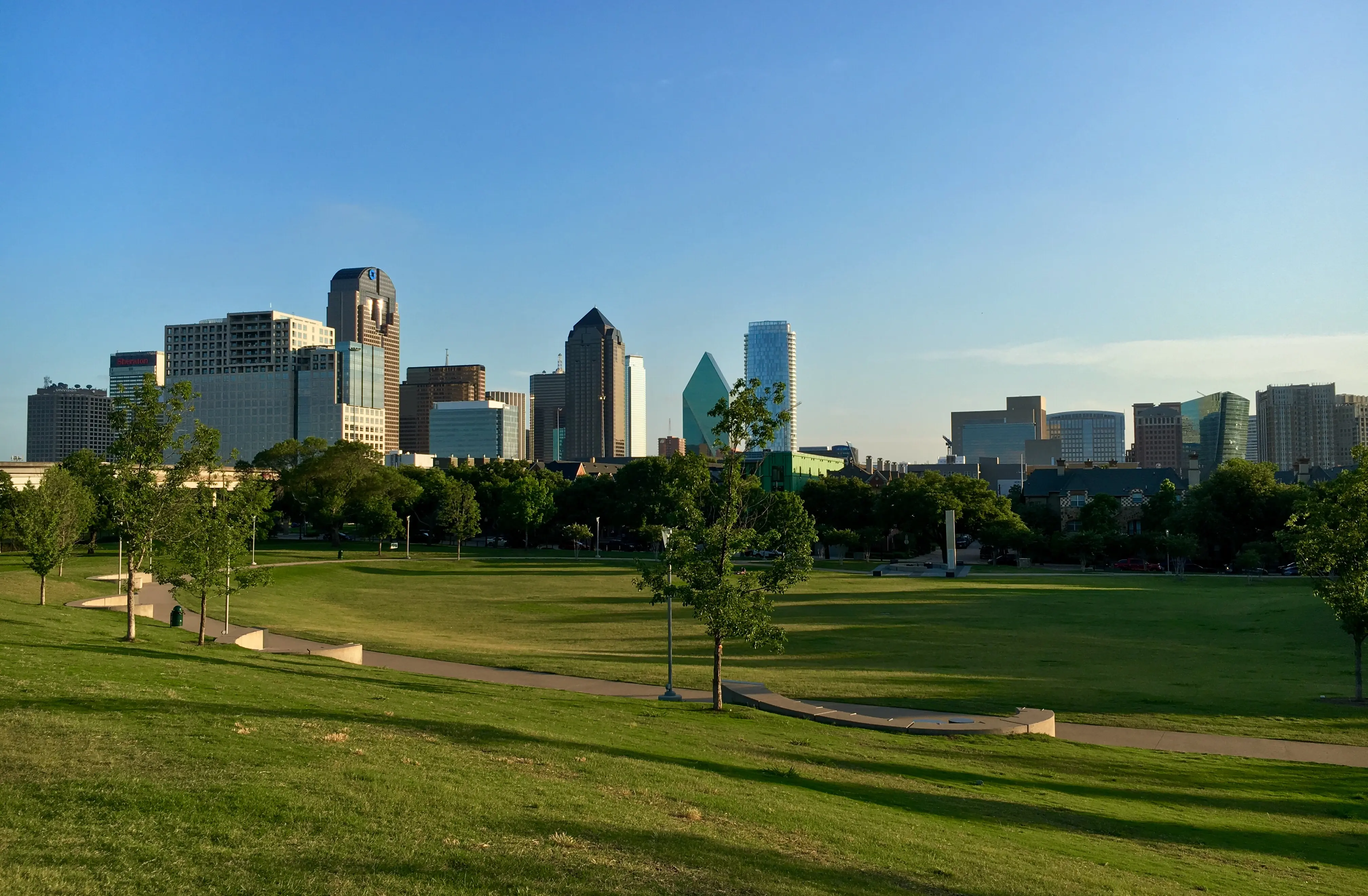 Image of the Dallas city skyline as seen from Griggs Park.