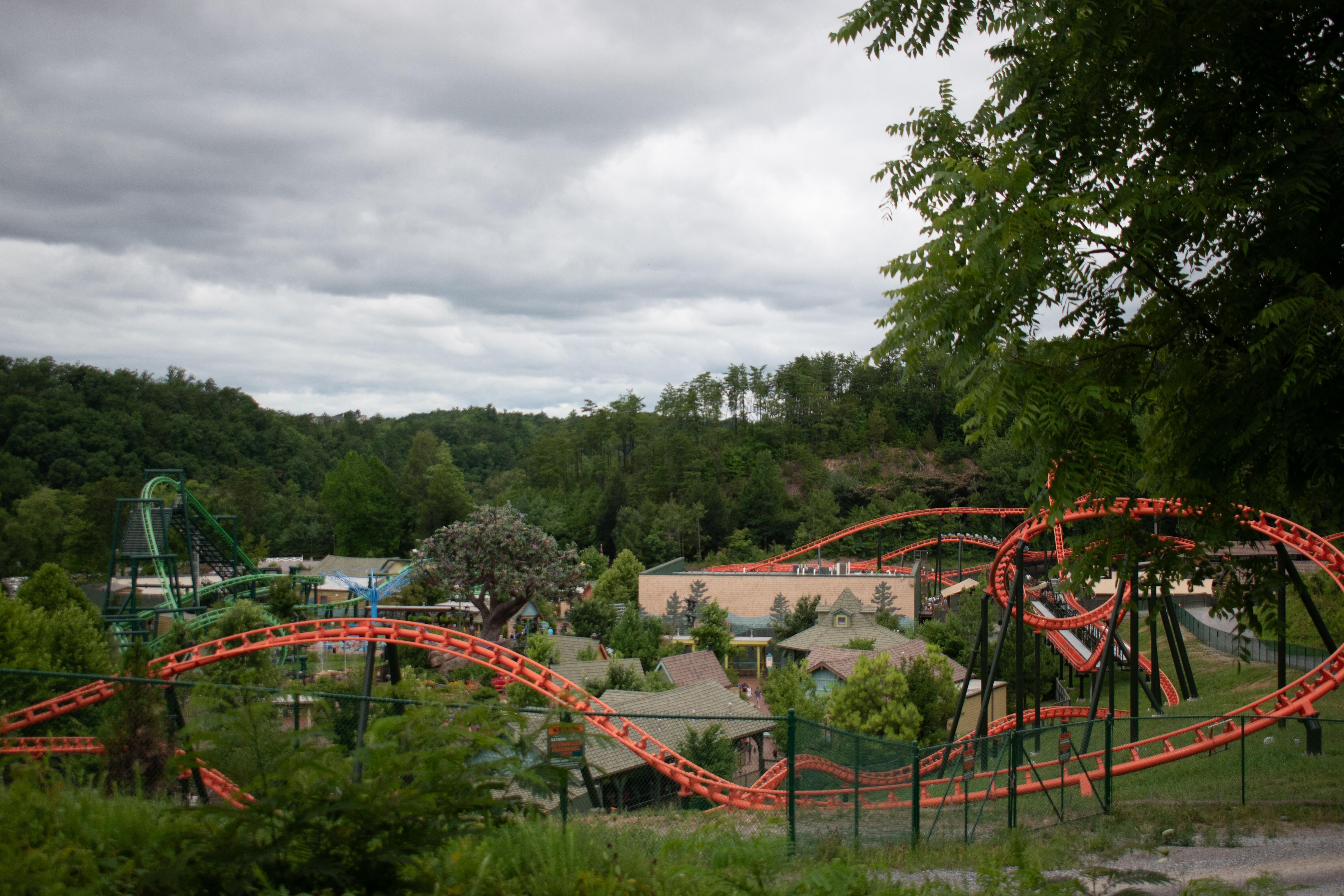 Image of some of the rides and attractions of Dollywood, as seen from the Dollywood Express.