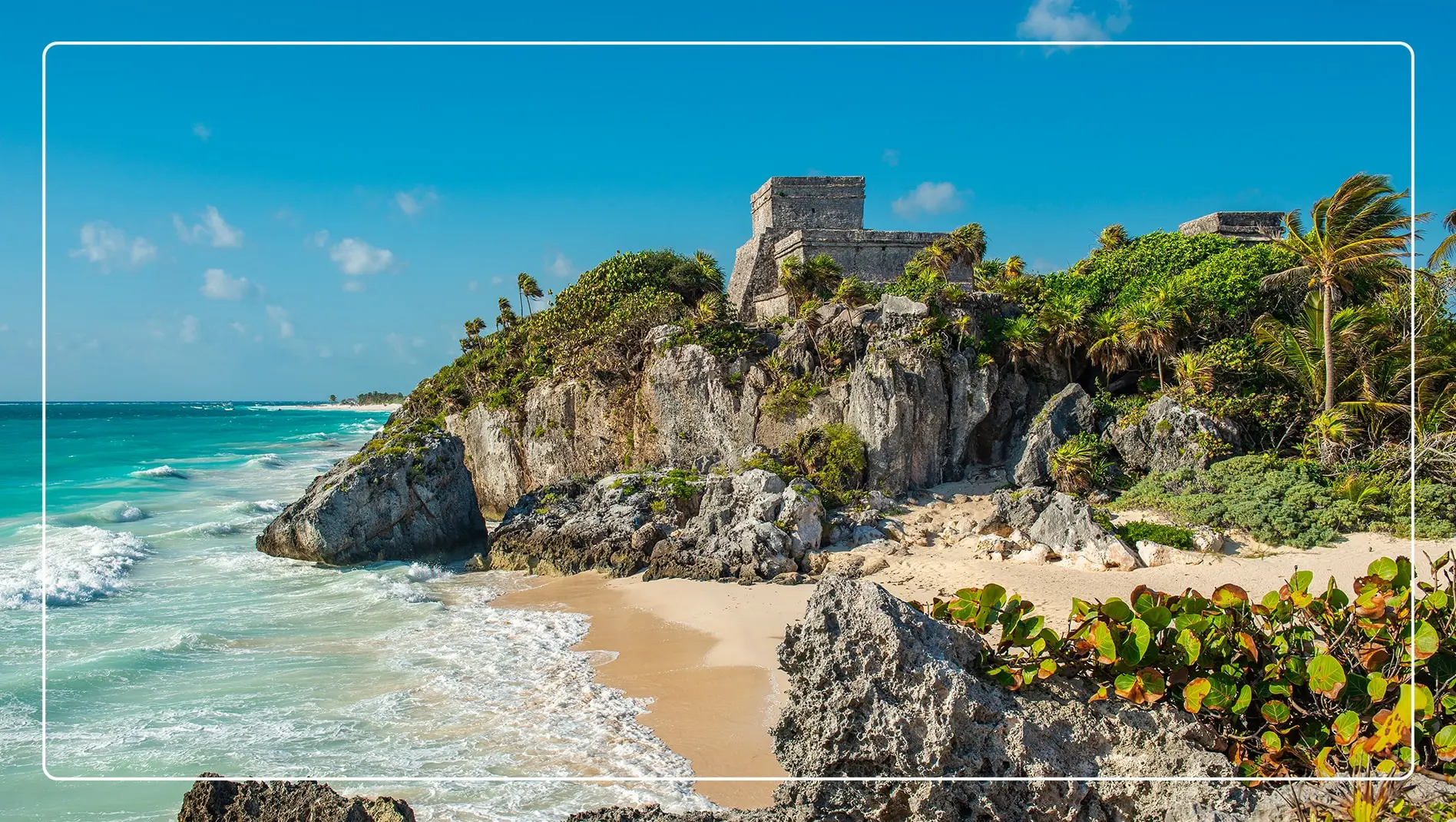 Mayan ruins on a hillside in Tulum, Mexico.