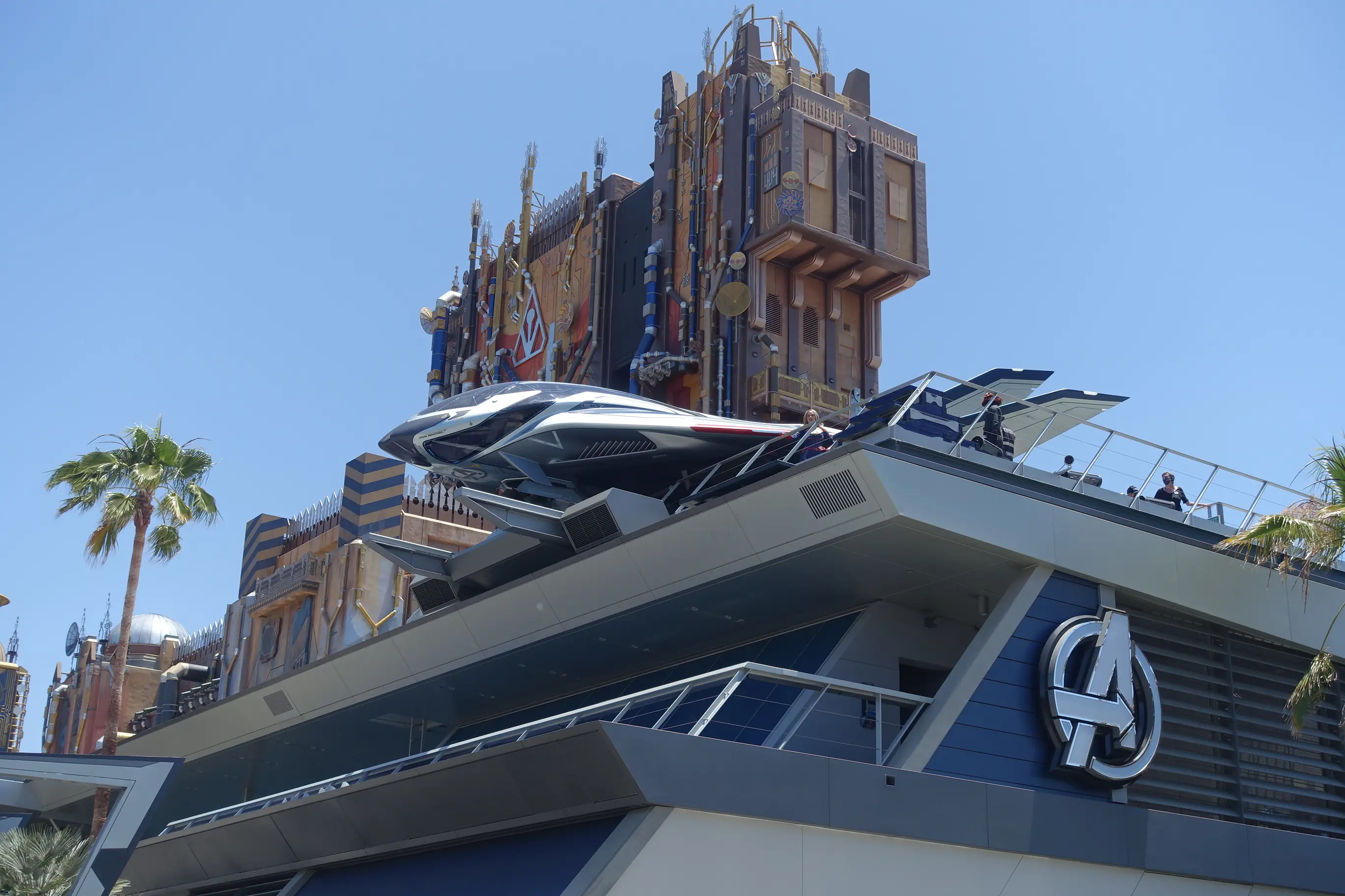 Image of Marvel theming and building in Avengers Campus at Disney California Adventure theme park.