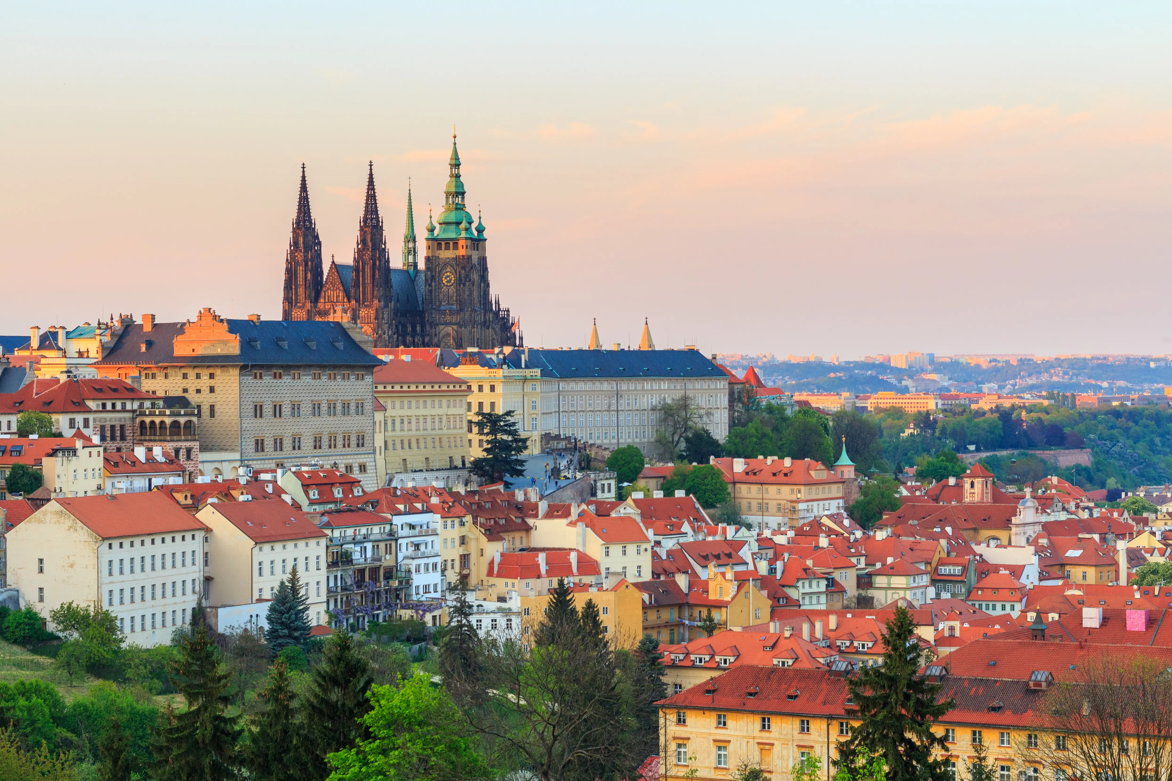 Spring Prague panorama from Prague Hill with Prague Castle, Vltava river and historical architecture. Concept of Europe travel, sightseeing and tourism.; Shutterstock ID 424082617; Discover Prague, Vienna & Budapest, aaa exclusive vacations, aev