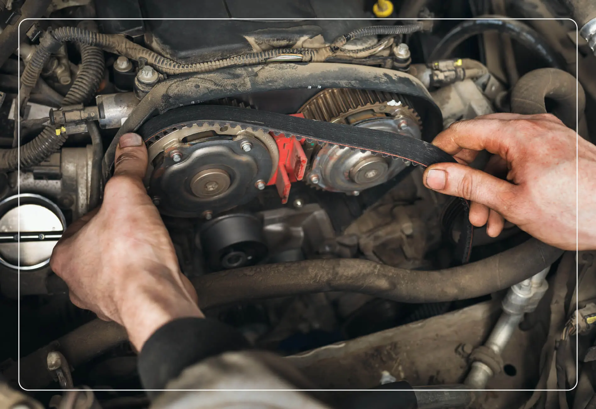 Someone trying to replace a car’s timing belt.