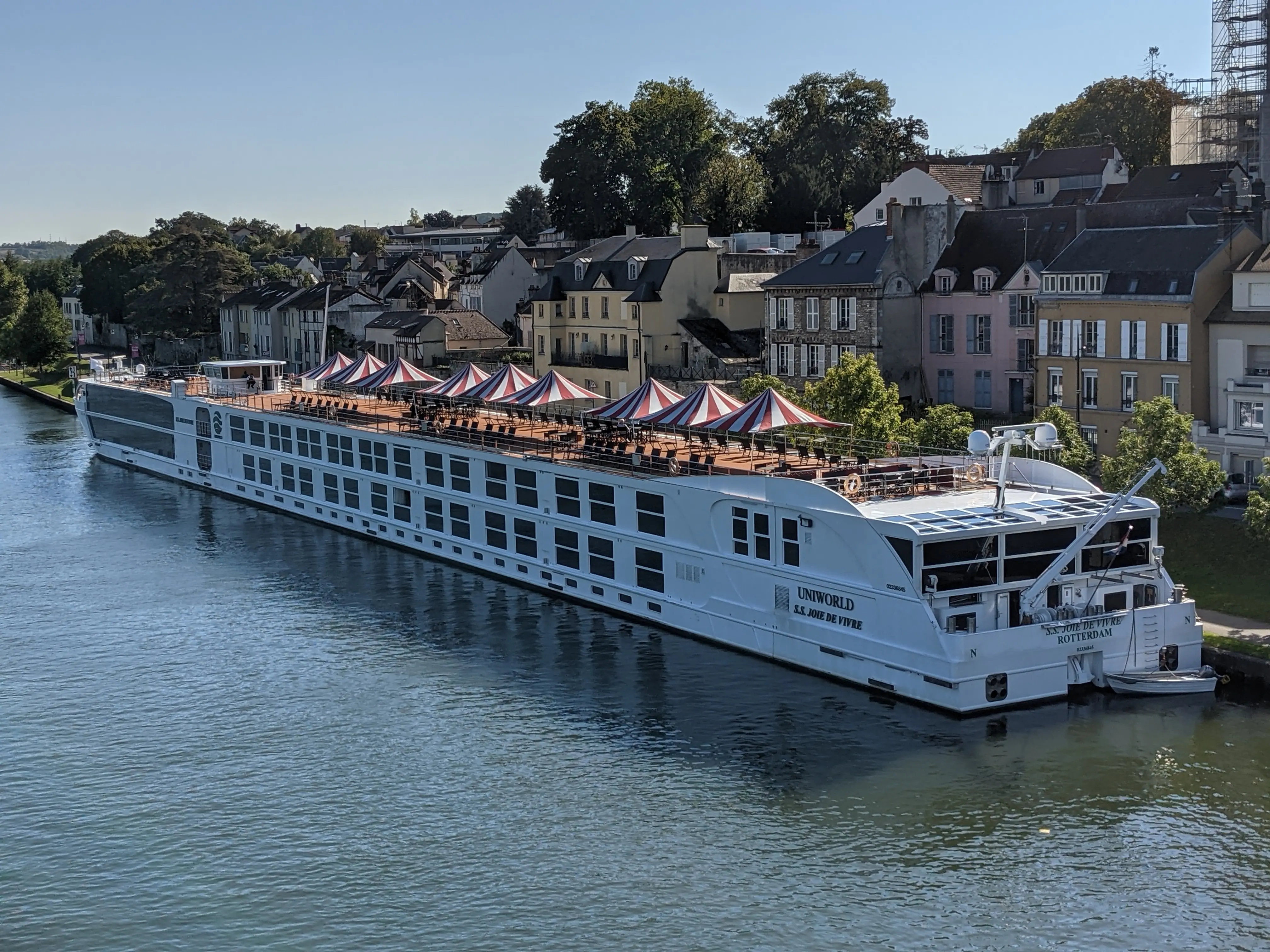 Image of the S.S. Joie De Vivre docked on the Seine River in Paris, France.