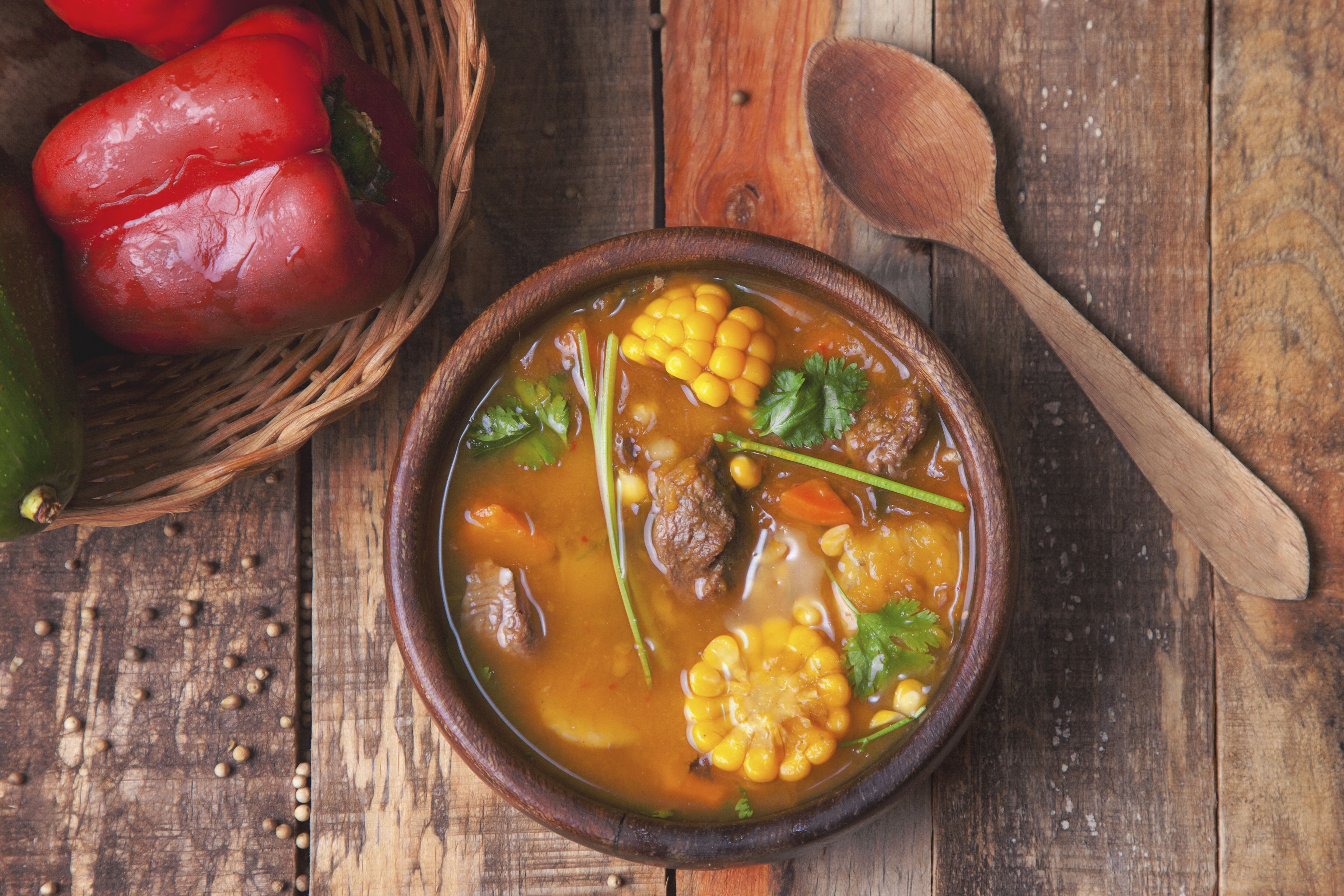 Image of a dish of Sancocho, a Latin American stew made of meat and vegetables.
