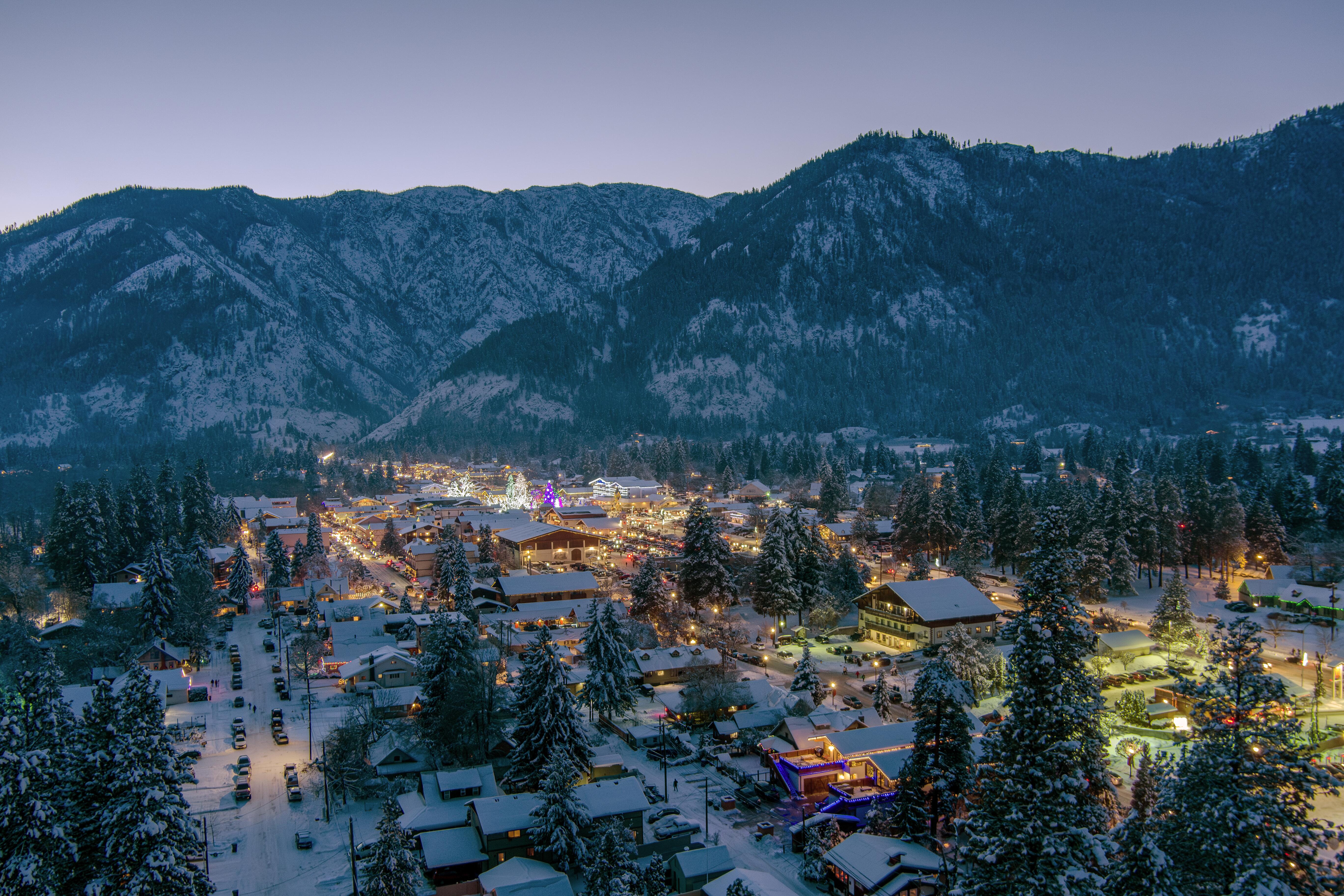 Aerial image of Leavenworth, Washington taken at dusk in the wintertime.