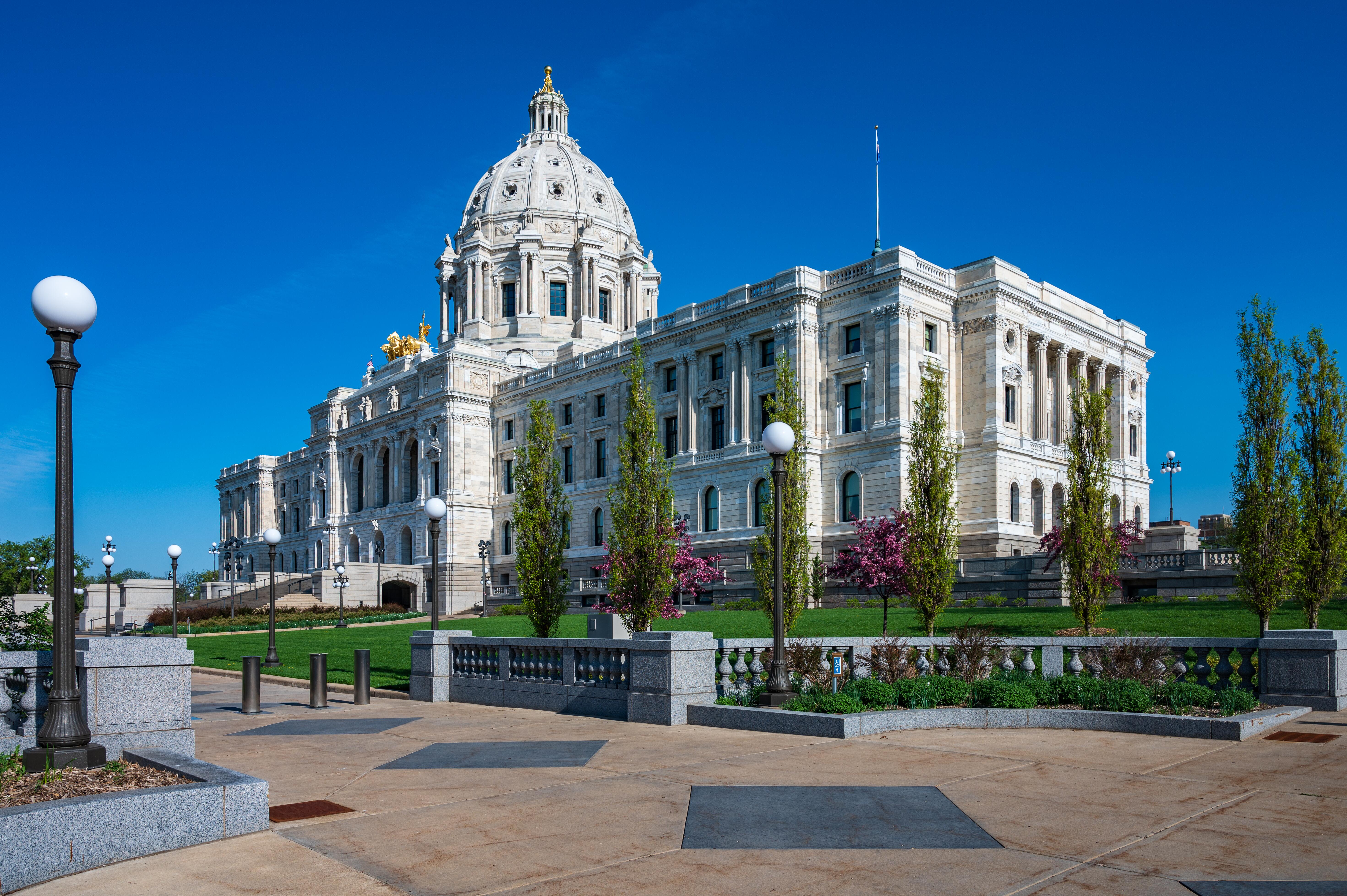 Sunny day view of Minnesota State Capitol building in springtime, Saint Paul