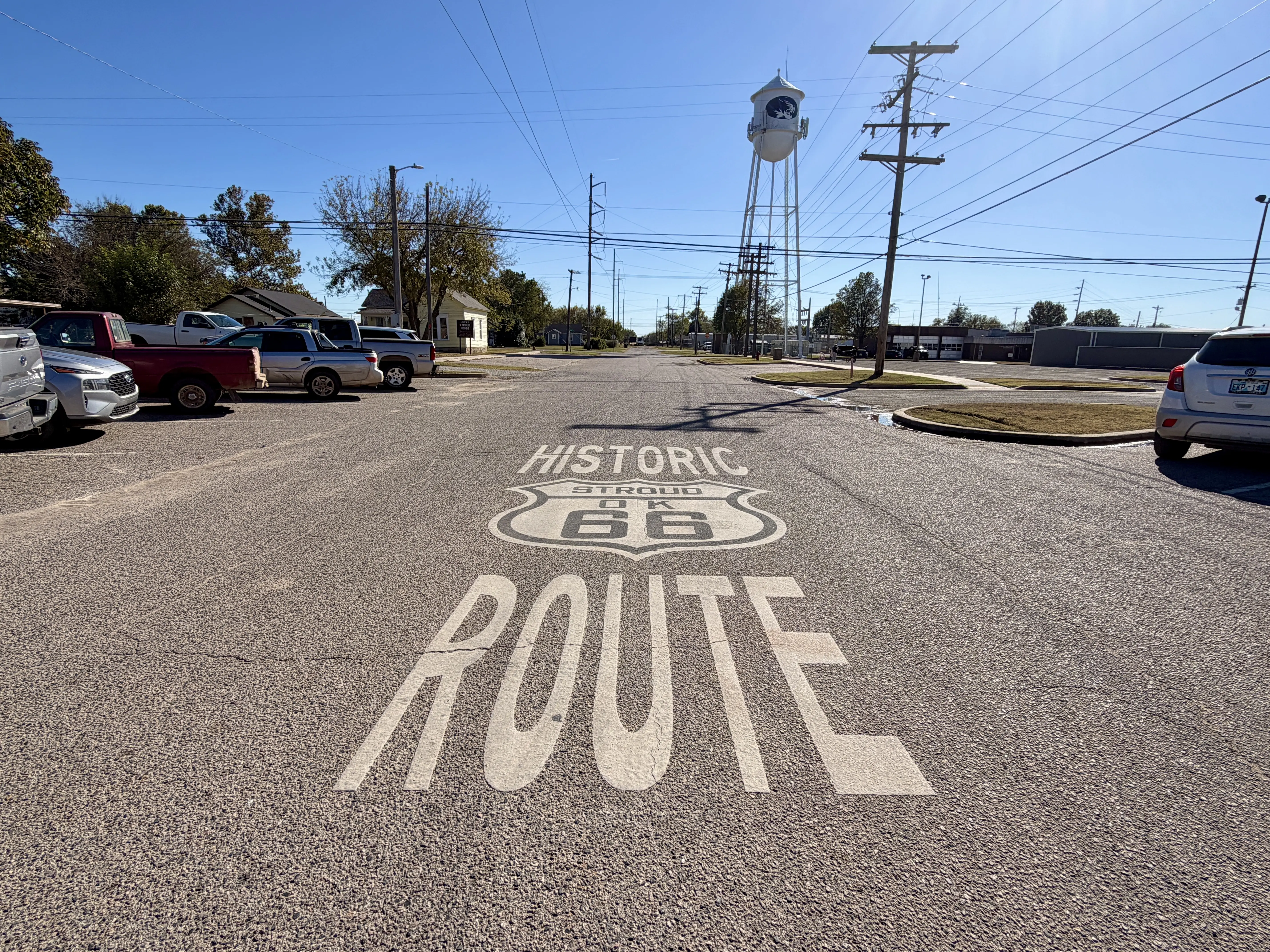 Historic Route 66 badge painted in white on pavement