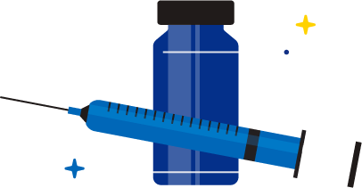 Blue medicine bottle and blue and white needle sitting next to each other.