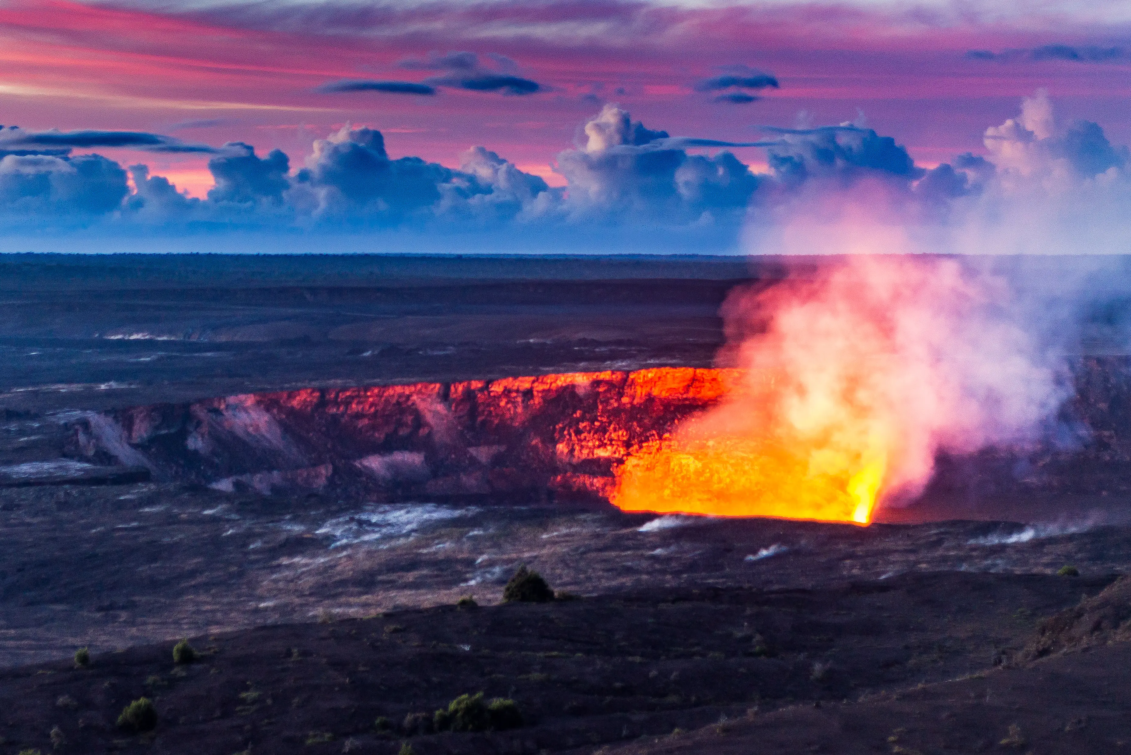 Glowing lava lake in the Halemaumau crater in Hawaii Volcanoes National Park.