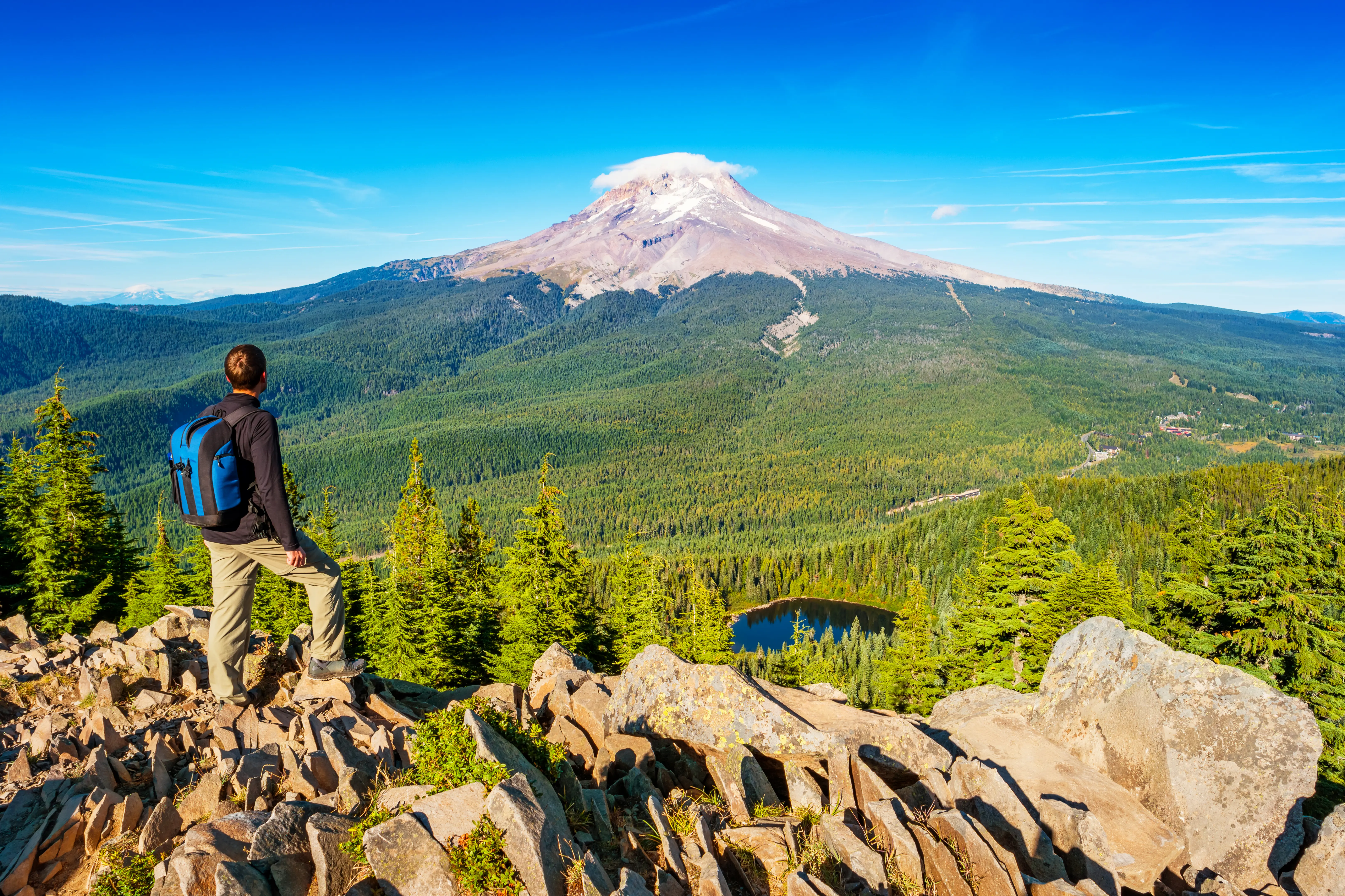 Hiker looking at view of Mount Hood National Forest