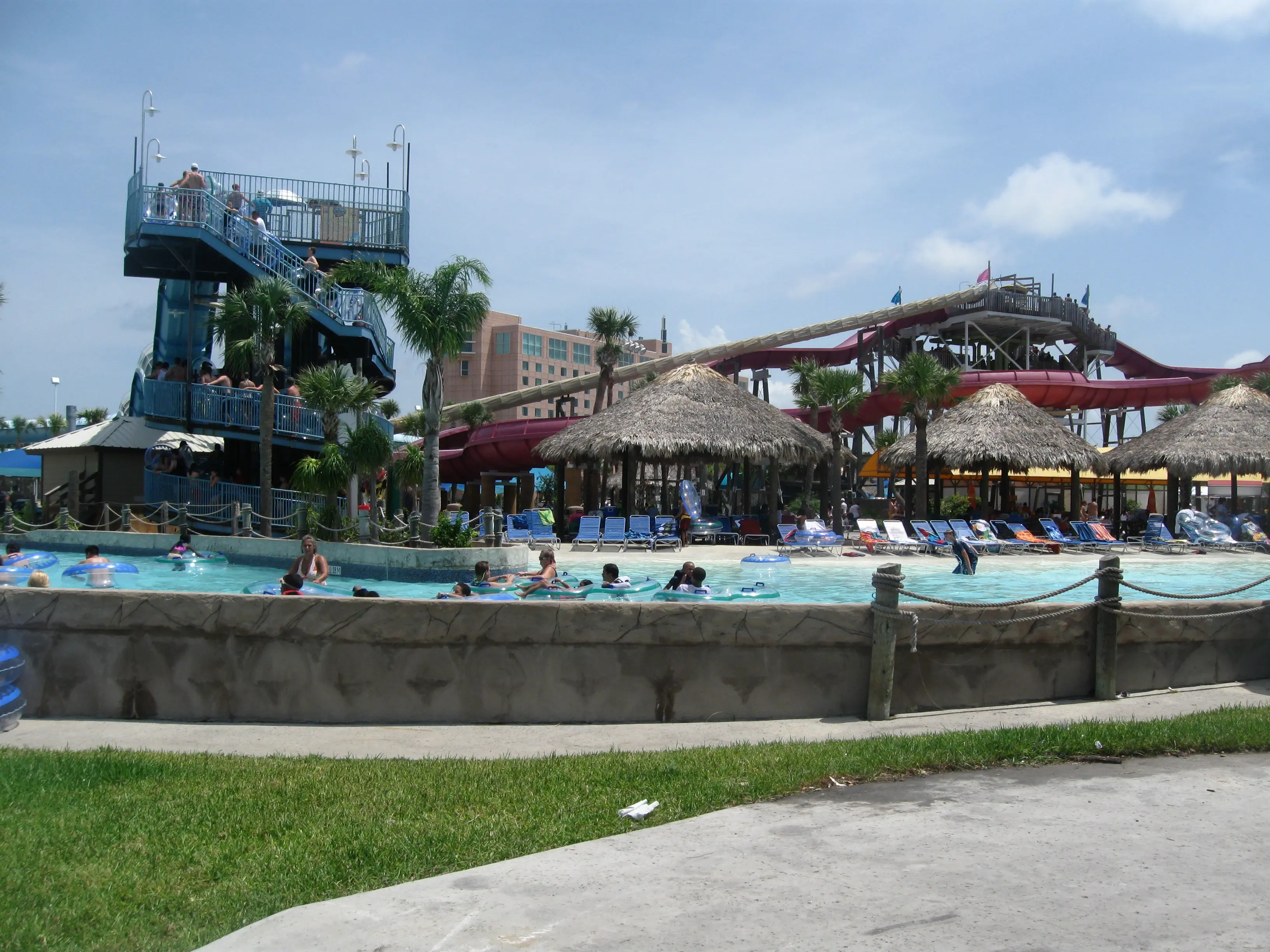 Image of the pools and rides of Schlitterbahn Waterpark in Galveston, Texas.