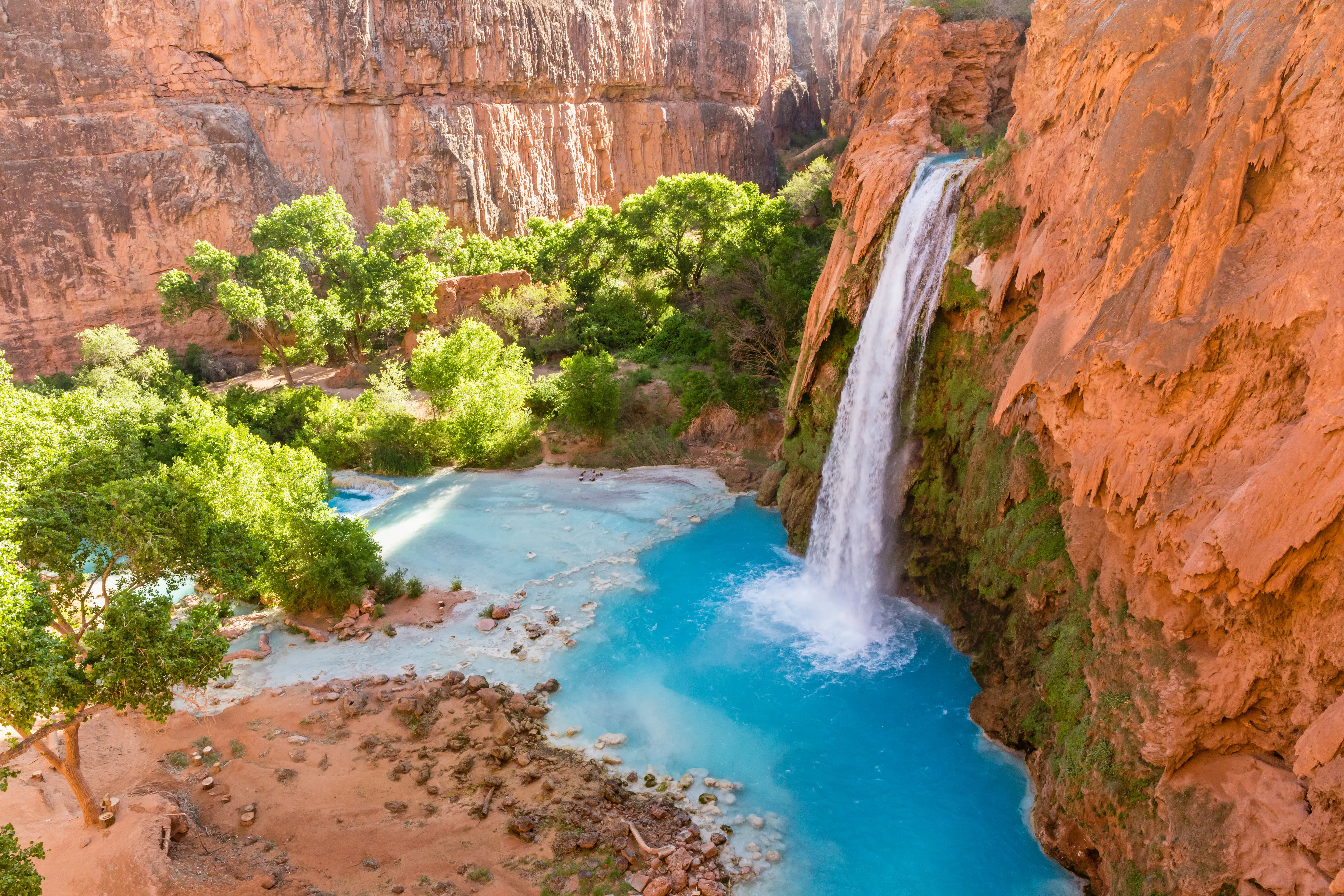 Havasu Falls plunges into a deep blue-green pool, with Cataract Canyon behind lit by the morning sun, on Havasupai Indian Reservation in the Grand Canyon