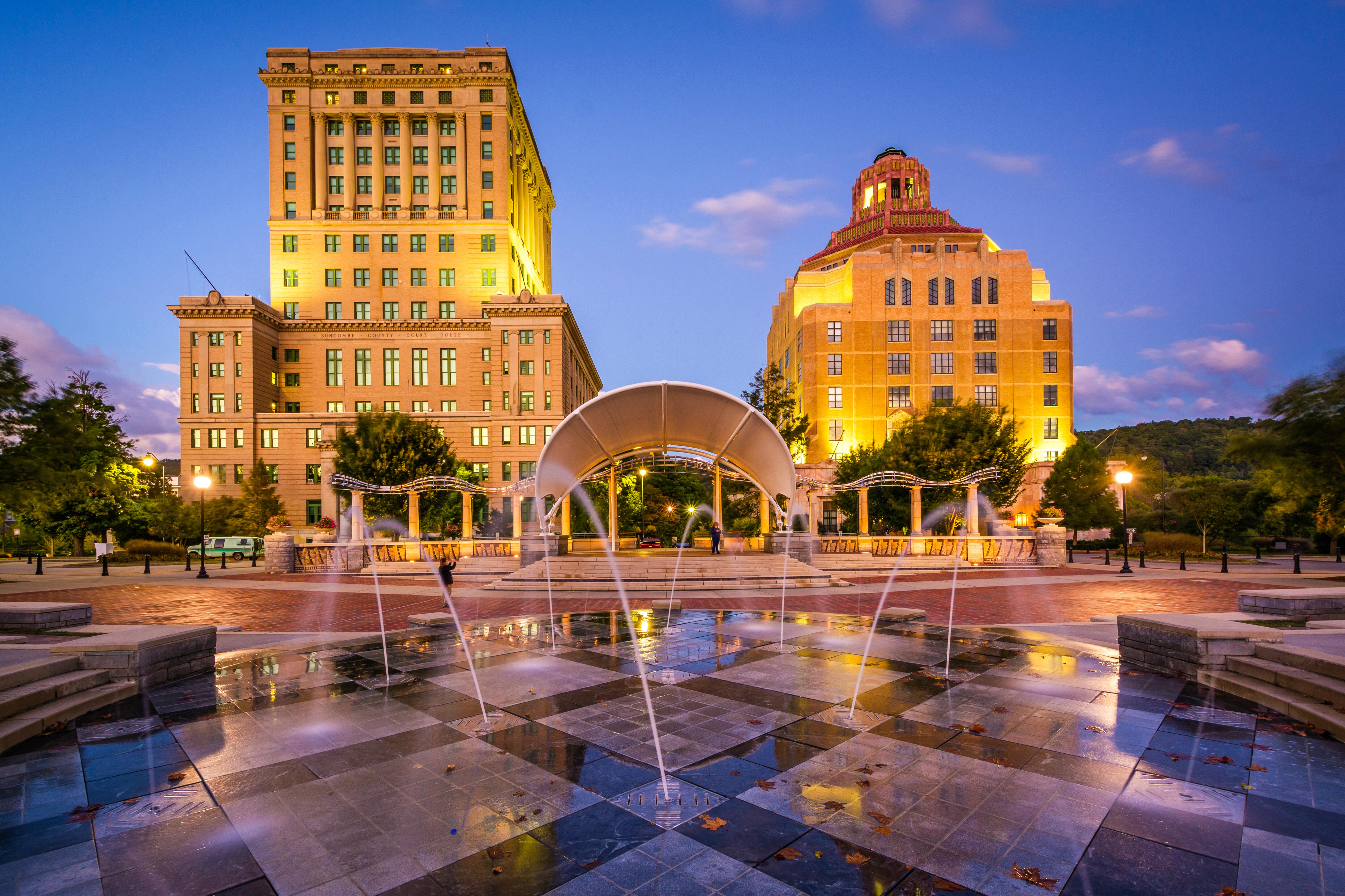 Water feature at Pack Square Park in the evening