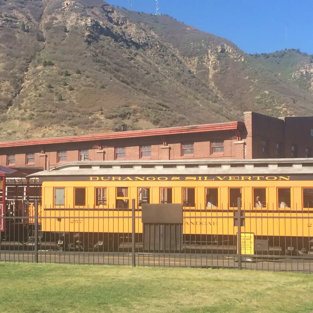 Train, landscape, historic downtown