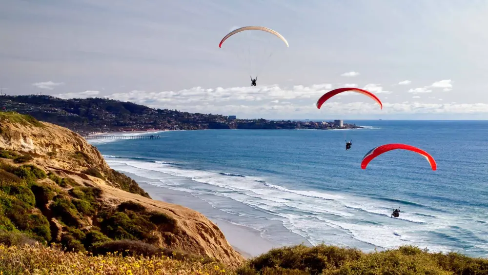 Paragliders over a beach