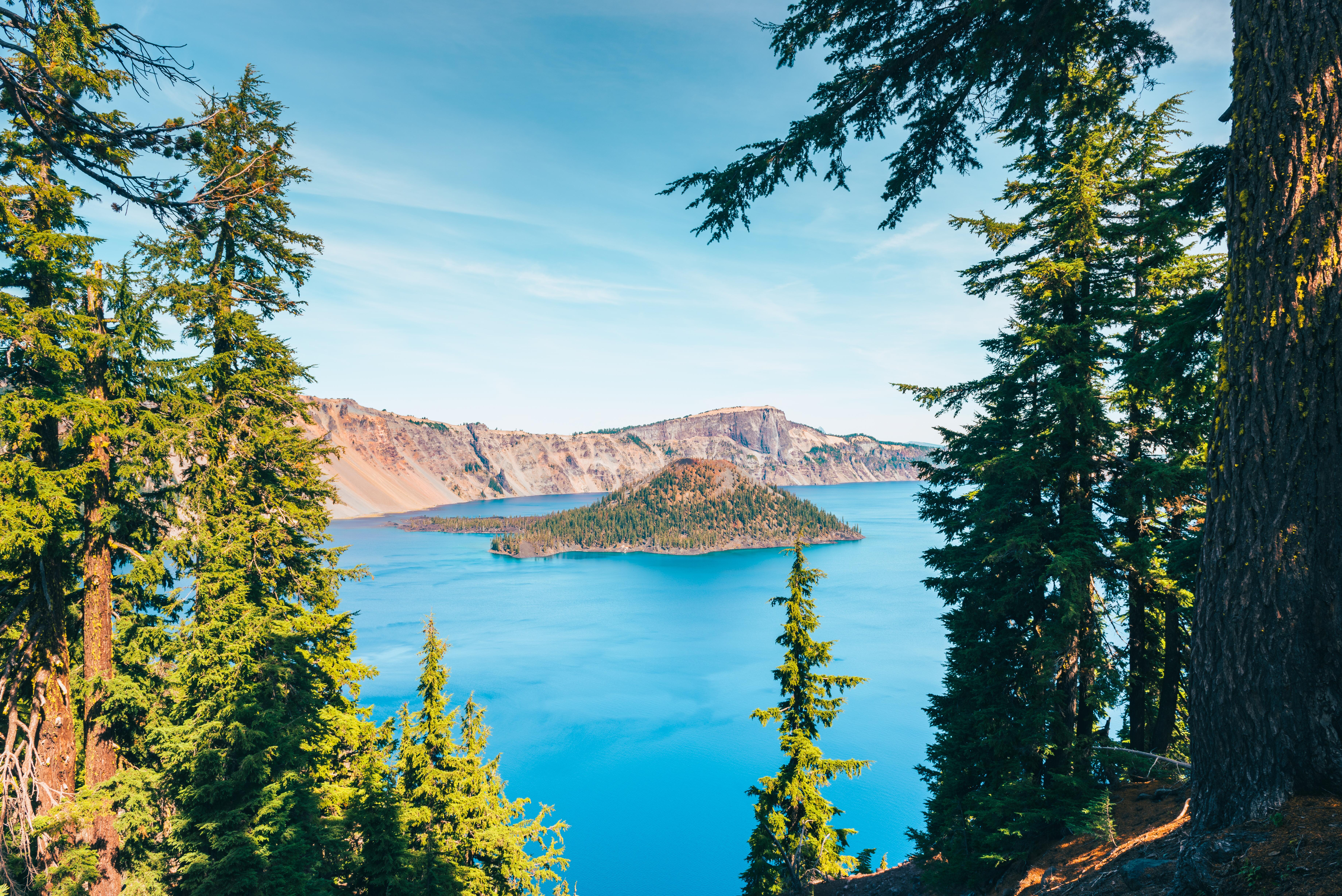 Image of Crater Lake and Wizard Island in Crater Lake National Park, Oregon.