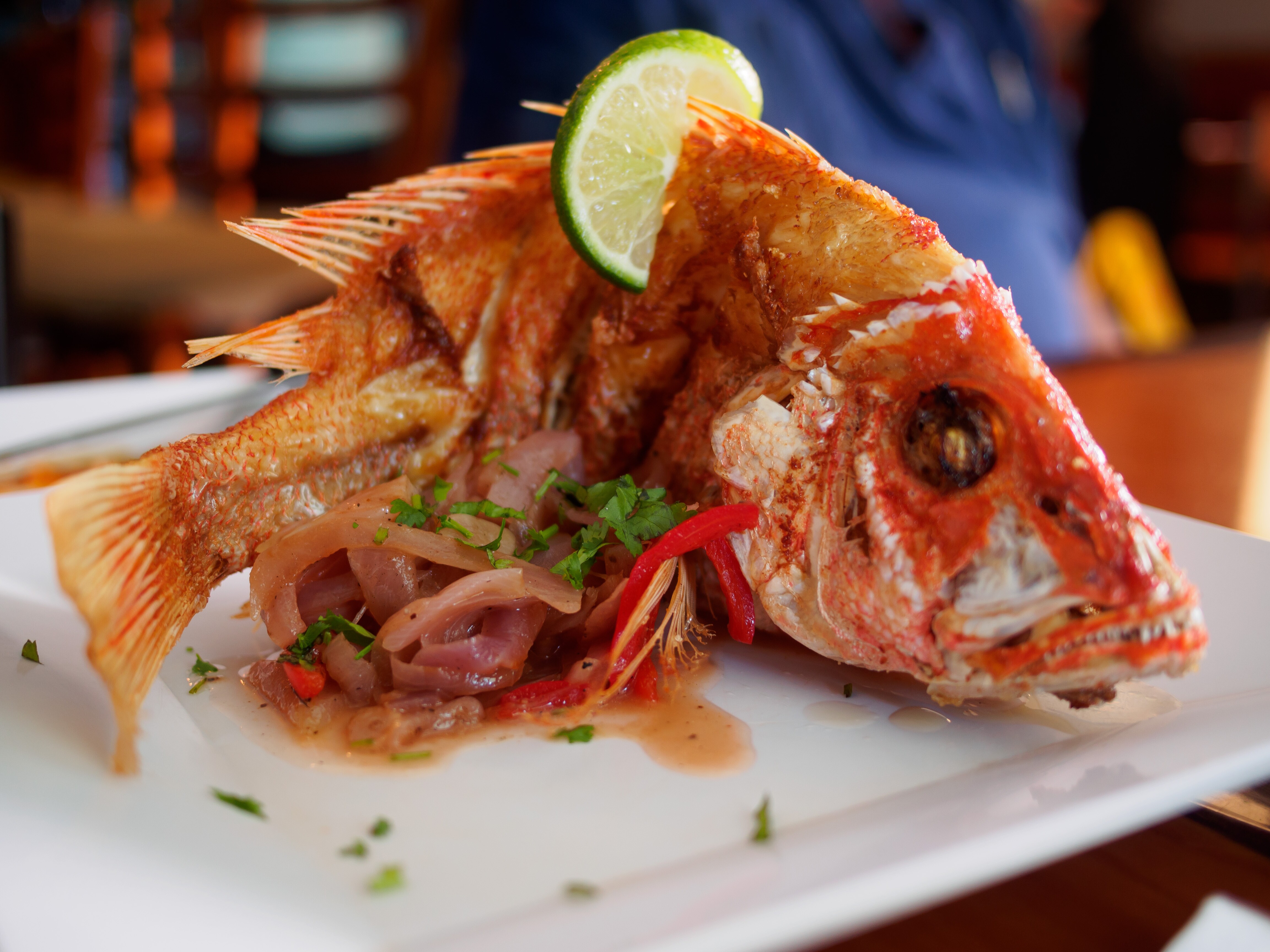 Closeup image of a finely prepared dish of fried red snapper.