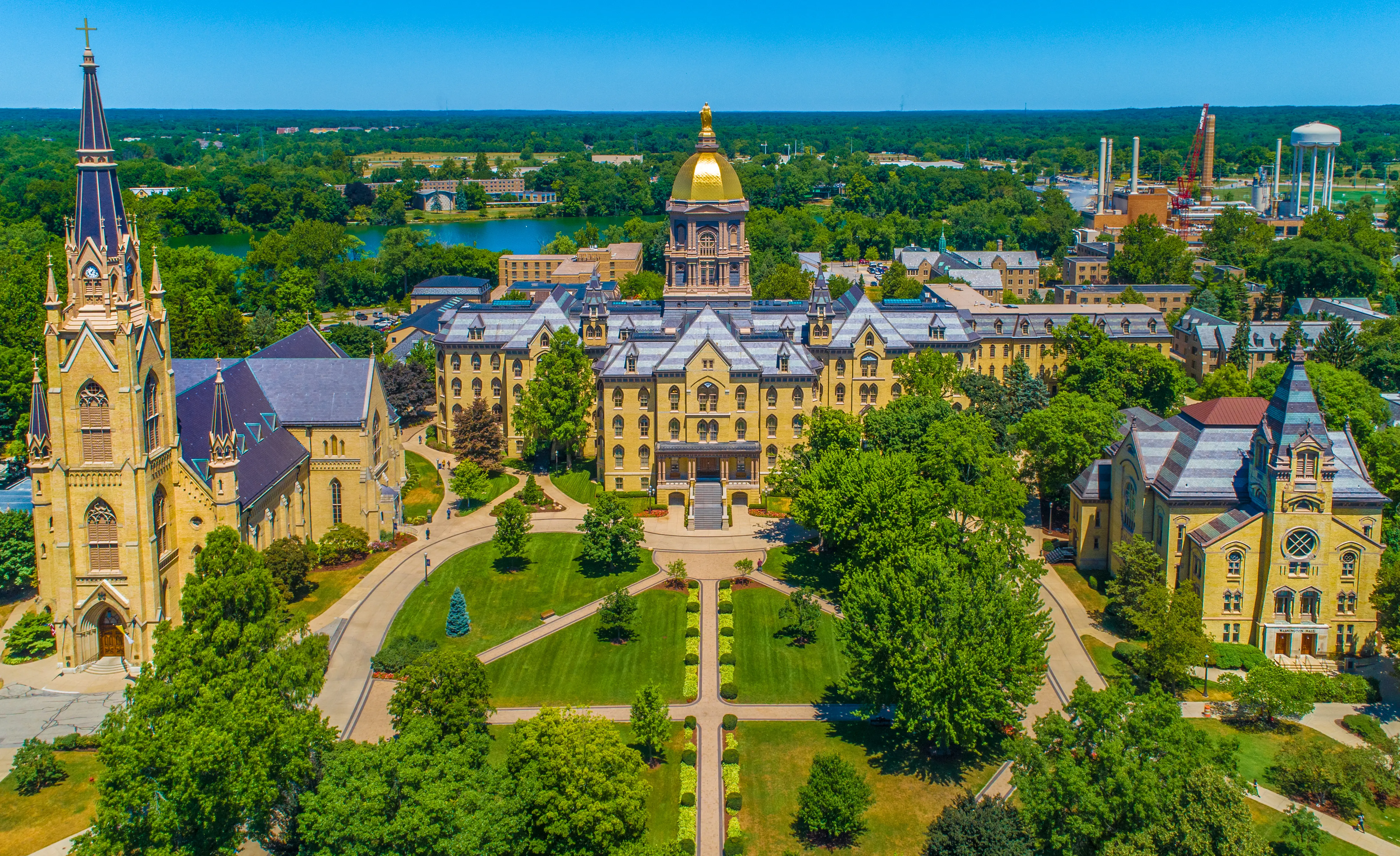 The University of Notre Dame Campus with Golden Dome, Basilica of the Sacred Heart, and Washington Hall
