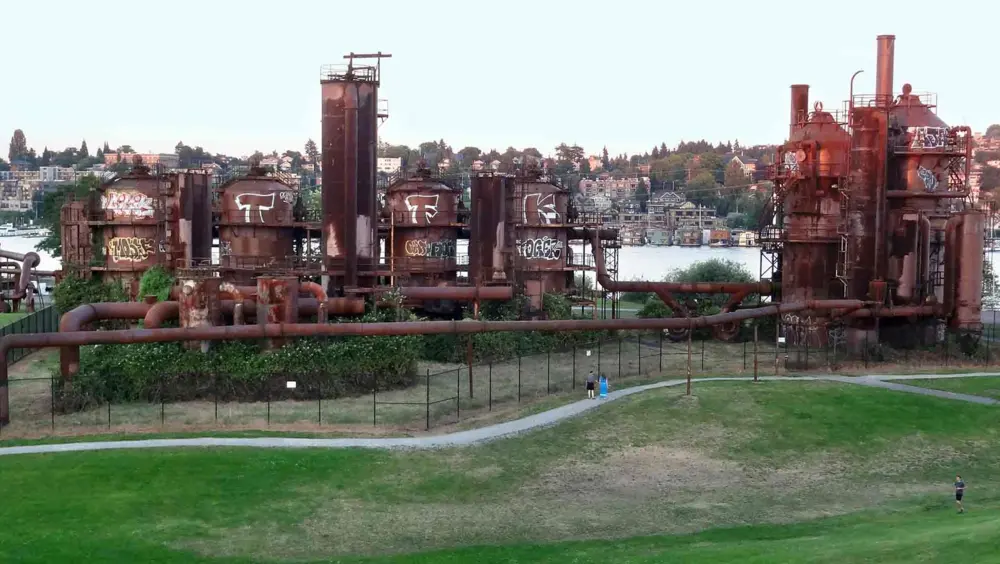 Steampunk-style structures at Gas Works Park, a popular thing to do in Seattle.