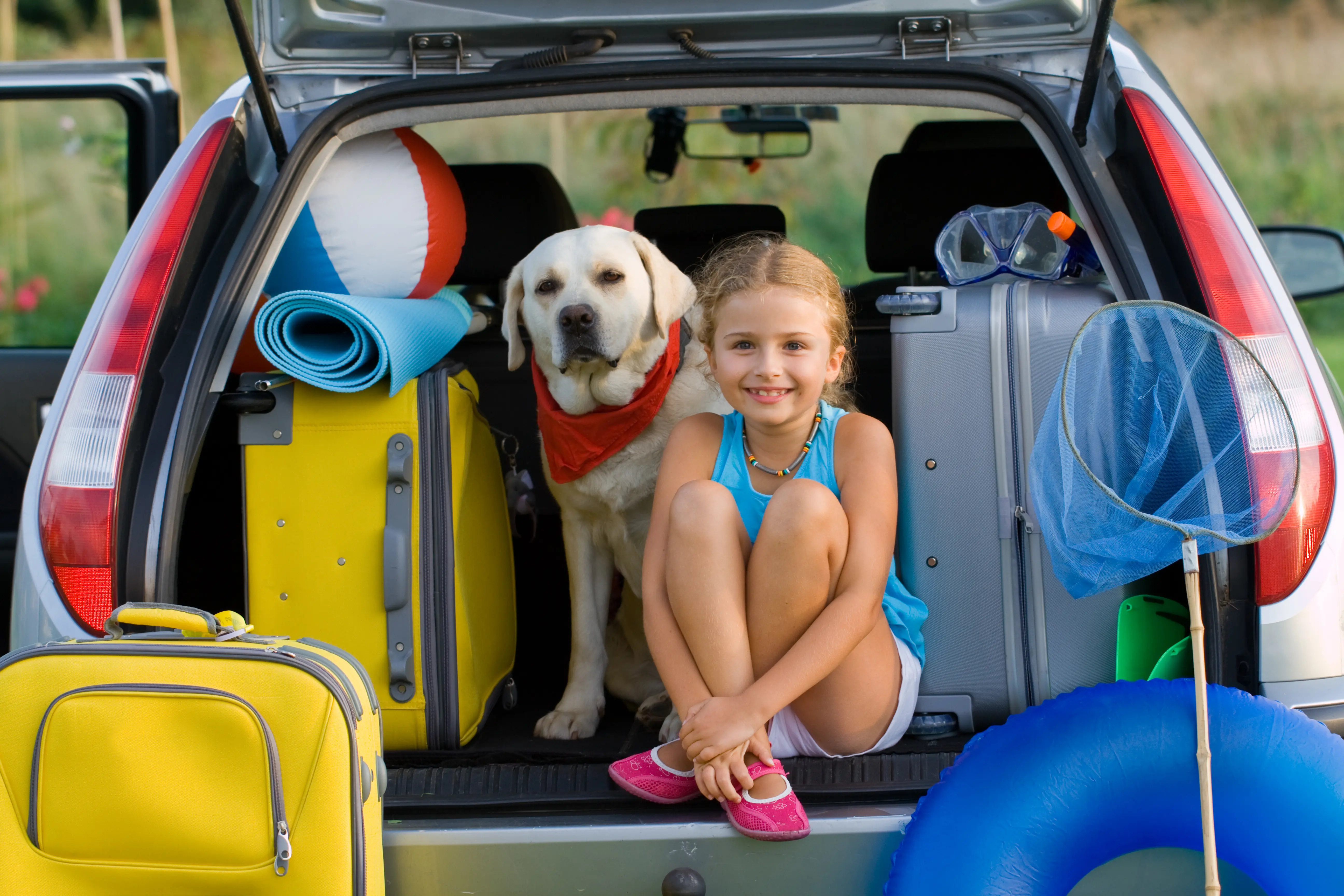 vacation, summer, child, youth, dog, pet, family, travel, trip, luggage, suitcase, car, trunk, packing, ready,