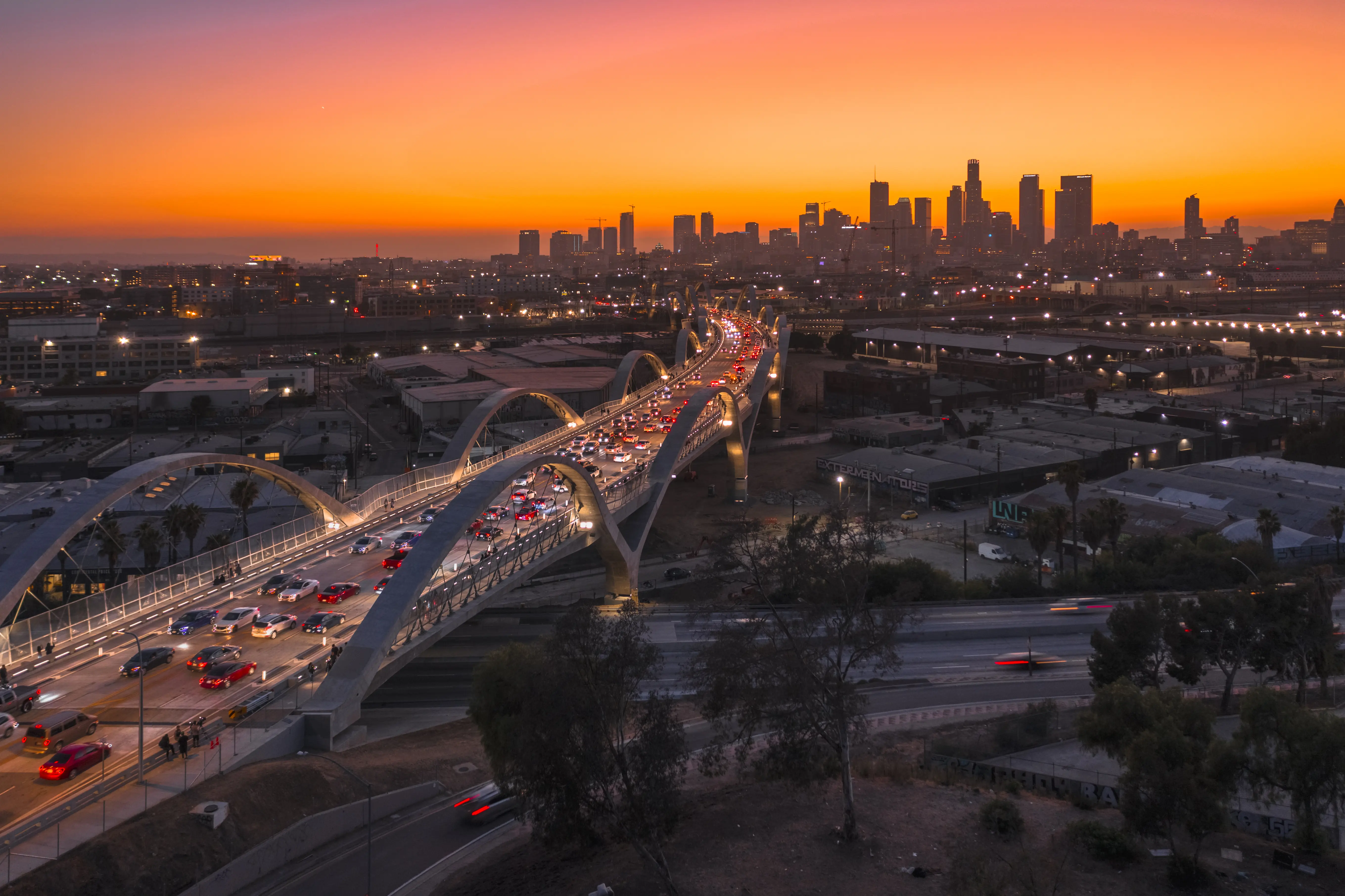 Los Angeles sunset skyline with 6th Street Bridge
