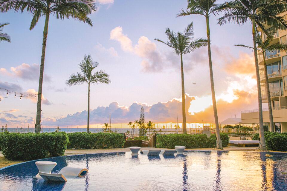 View of the sunset from the pool at the hotel.