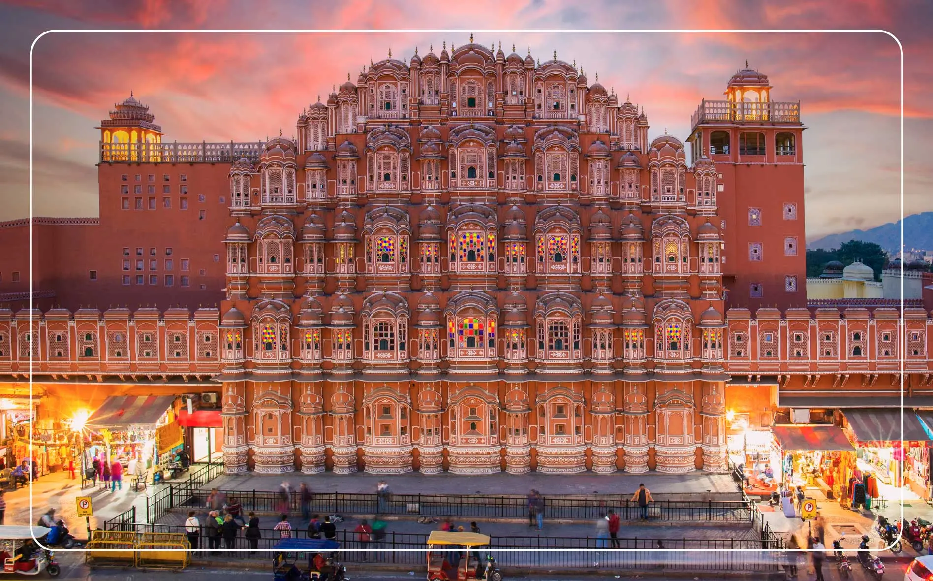 Stunning view of the Hawa Mahal palace at sunset in Jaipur, India.