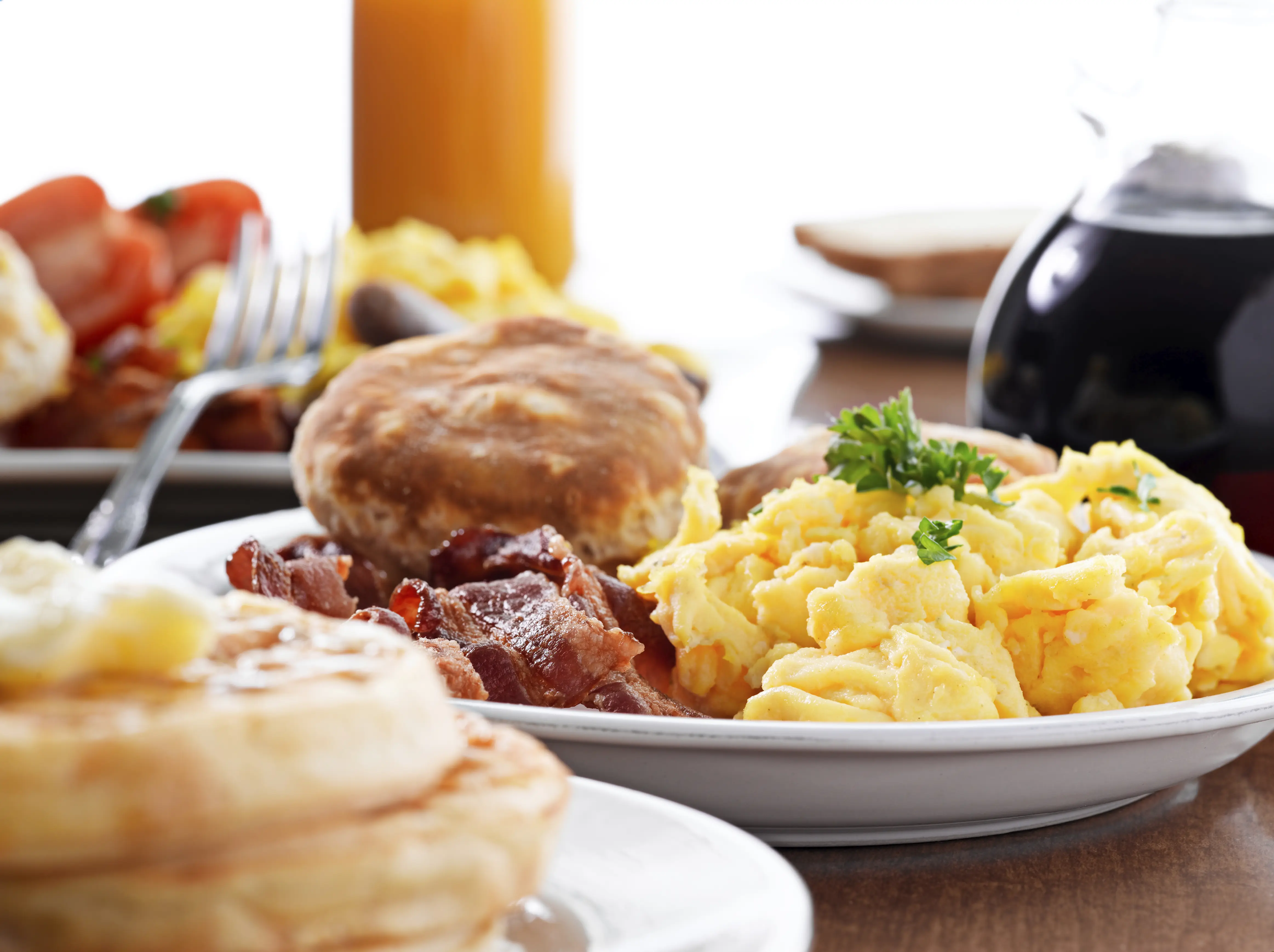 food, generic, breakfast, eggs, bacon, restaurant, biscuit, close up, detail