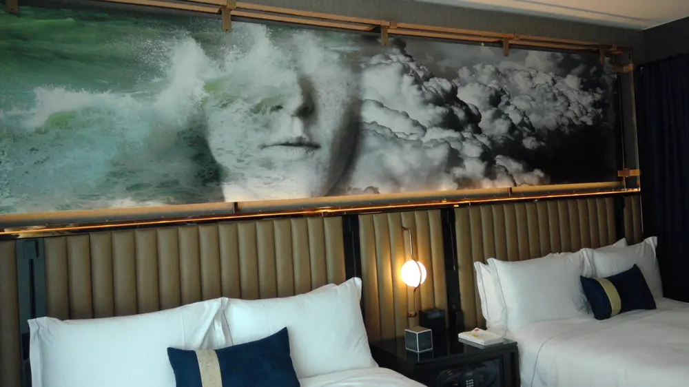 Elegant hotel exterior design, lobby bar, open display kitchen with copper pans, dramatic artwork, guest room bedding and artwork and unique bathroom design